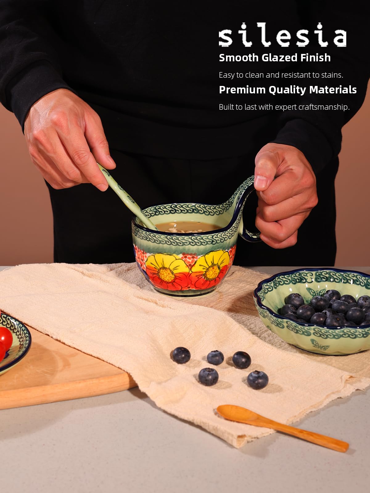 silesia Handmade Loop Handle Soup Bowl, Plate and Spoon Set Ceramic Hand Painted Cereal Bowl Great for Soup, Ice cream, Snack, Stew in Gift Box, Dishwasher & Microwave Safe, Glazed Green