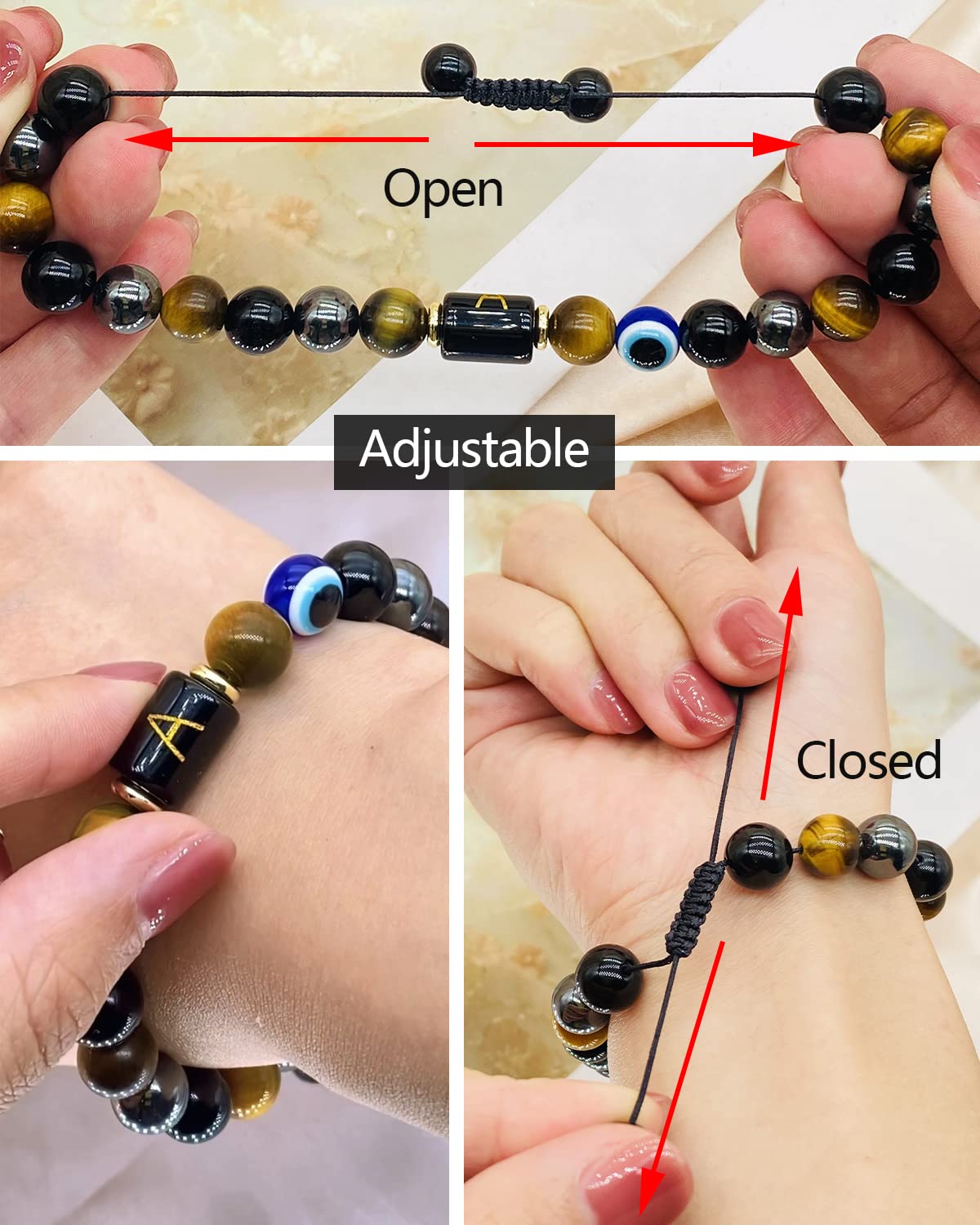 Dayka Initial Triple Protection Bracelet for Men,Black Evil Eye Tiger Eye Hematite Obsidian Good Luck Healing Crystal Stones Mens Bead Bracelet Jewelry Gift (F initial bracelet, Triple Protection)