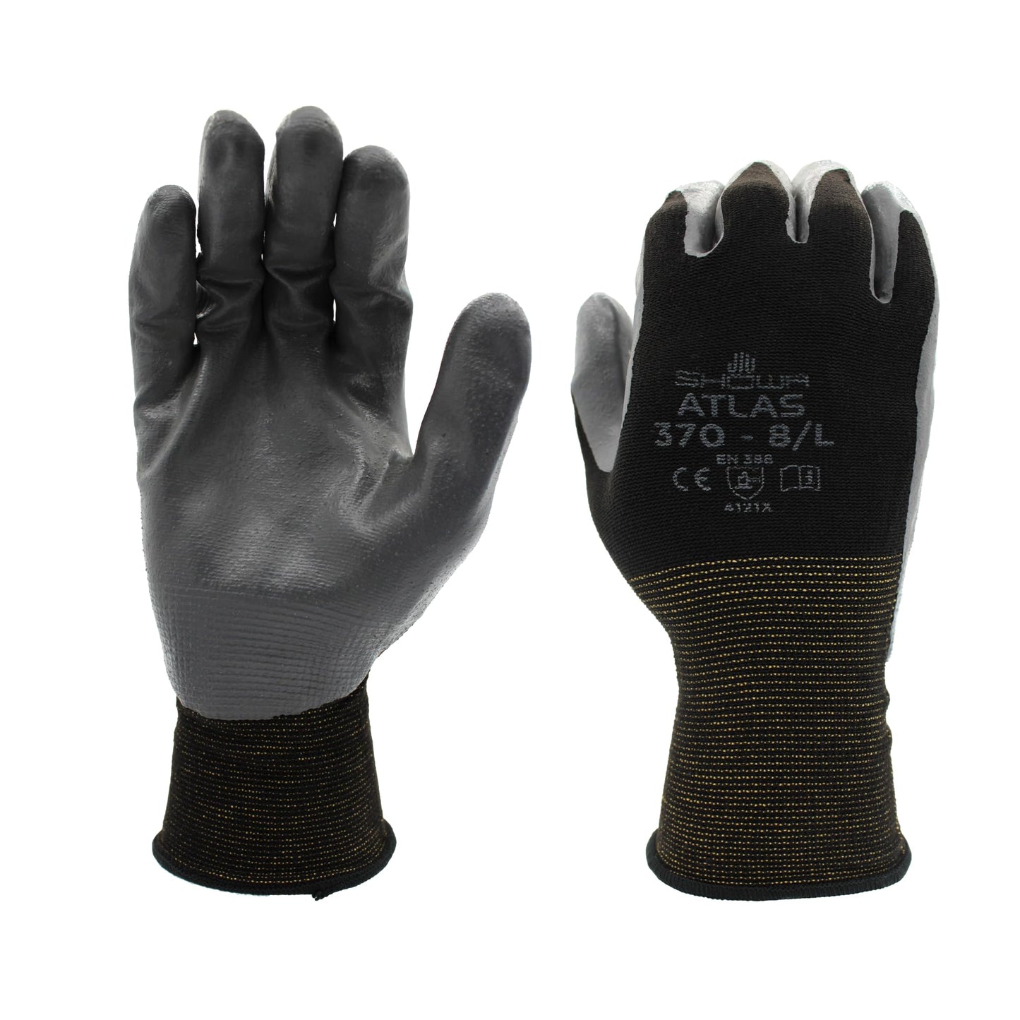 SHOWA Atlas 370B Professional Nitrile Work Gloves, Breathable High-Dexterity Precision Grip for Landscaping, Gardening & Assembly, General Purpose Gloves, Black, X-Large, 12-Pack