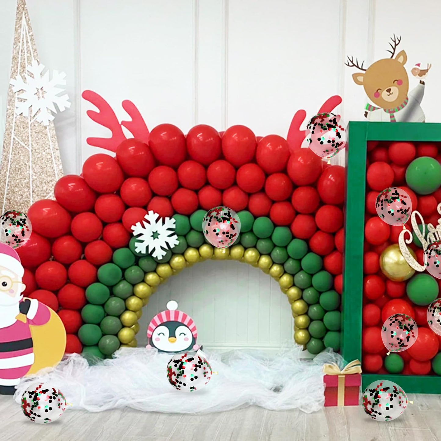 Red and Green Balloons 50 Pcs 12 Inch Christmas Latex Balloons Set Green Red Confetti Balloons with 2 rolls of ribbon for Christmas Holiday Party Decoration