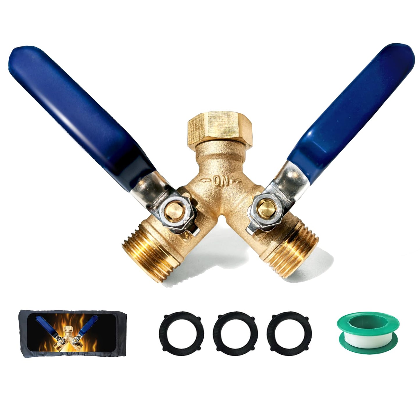 Garden Hose Splitter 2 Way Heavy Duty Brass Hose Splitter With 304 Stainless Steel Long Handle & Winter Faucet Protector, 3/4" Y Valve Thread High Flow Outdoor Faucet Splitter
