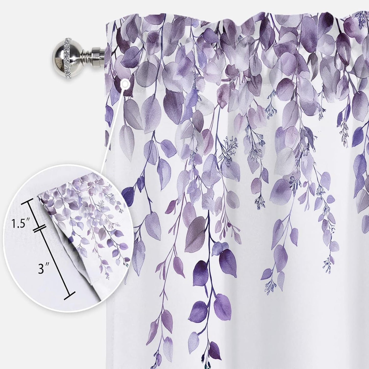 Potanhugie Valances for Windows Purple Eucalyptus Leaf Rod Pocket Cafe Window Treatments Valance Curtains for Kitchen Bathroom Laundry Basement Windows 42 x 12 inch