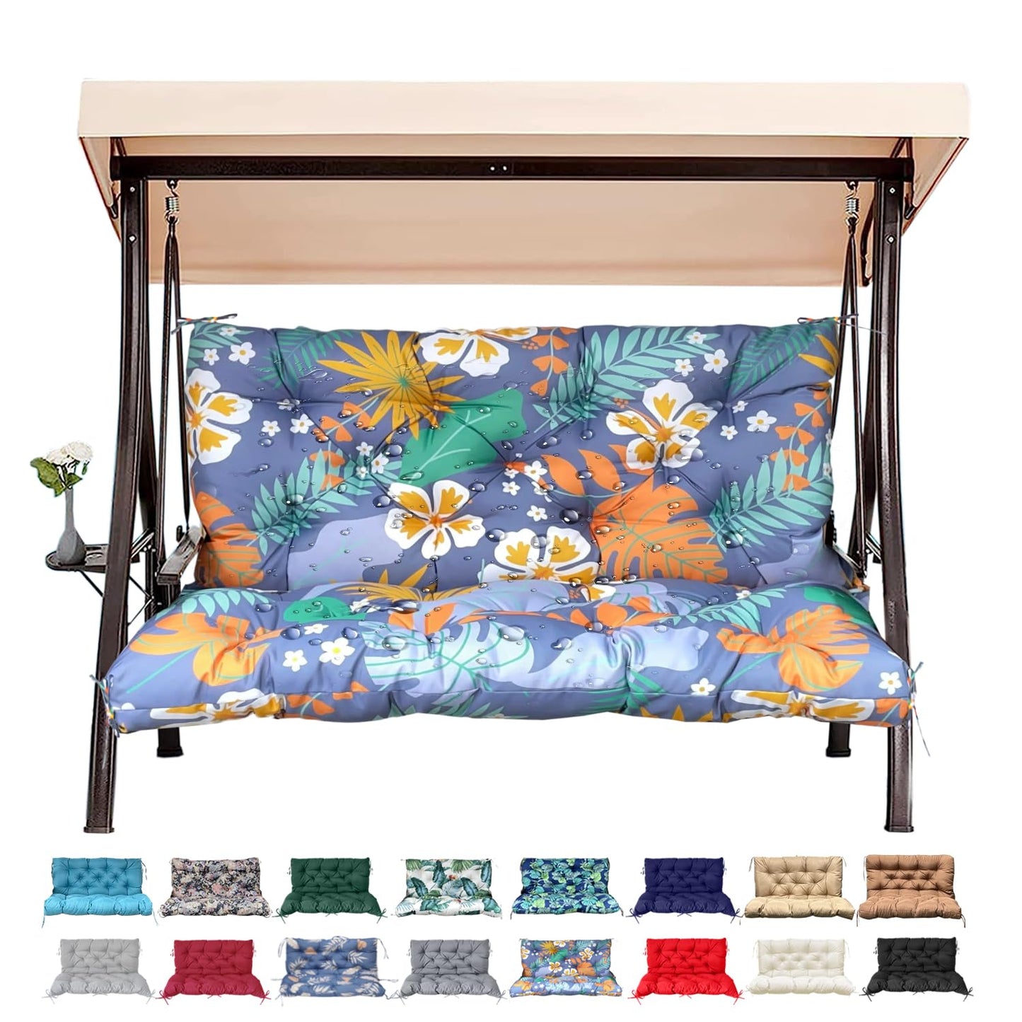Outdoor/Indoor Swing Replacement Cushion,2 or 3 Seats Bench Cushions with Backrest, Thicken 4" Recliner Seat Pad for Garden/Patio, Waterproof Premium Tufted Cushion with Ties(Flower Leave-60x40x4in)