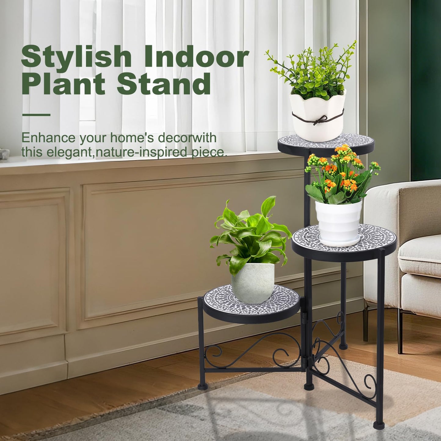 Chonsun 3 Tier Mosaic Plant Stand Foldable Corner Shelf for Indoor Outdoor Tall Plant Holder Display Rack for Patio Balcony Living Room Garden Decor