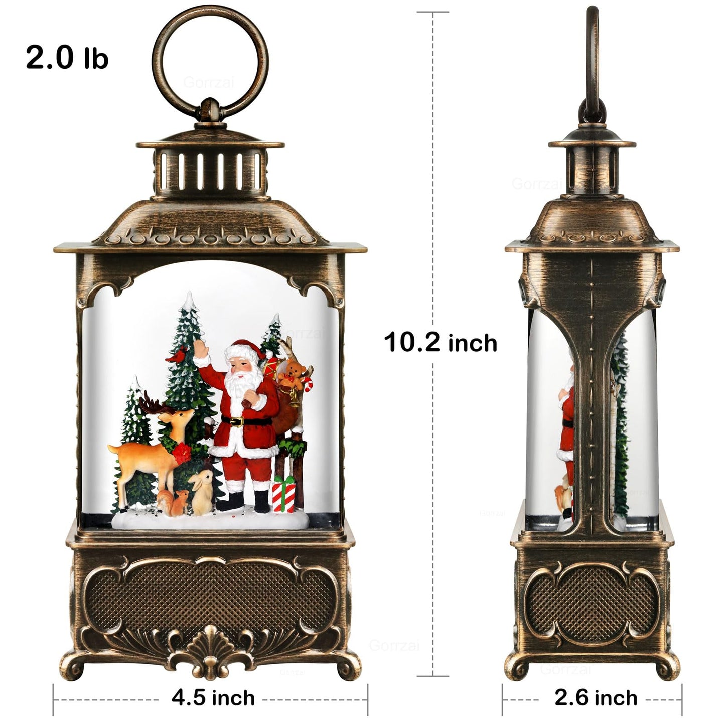 Gorrzai Santa Snow Globe Lantern Christmas Snow Globes, Lighted Christmas Decorations Indoor with Music Timer Swirling Glitter, Musical Santa Claus Reindeer Home Decor, USB or Battery Operated