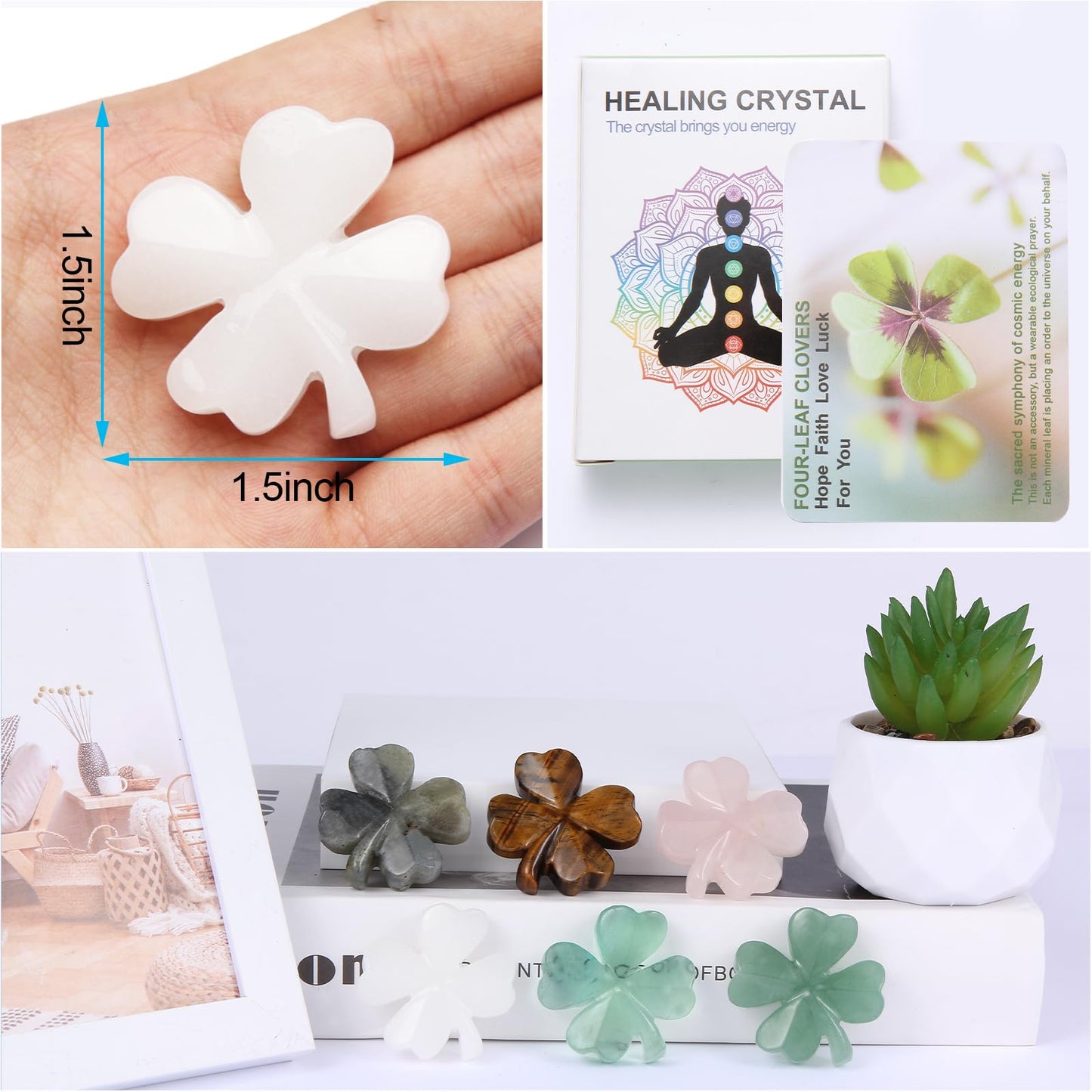 Hguxmcu Natural White Jade Four Leaf Clover - Feng Shui Lucky Crystal for Love Positivity, Polished Healing Stone Decor, Birthday Gift for Her Gift for Women Men