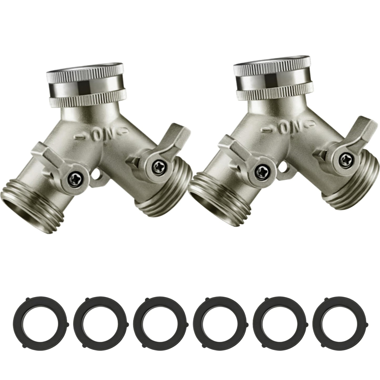 Solifo Nickel Plated Solid Brass Garden Hose Splitter, Heavy Duty 2 Way Y Faucet Adapter with Dual Shut Off Valves, Leak Proof 3/4 Inch Hose Bib Spigot for Outdoor, Includes 6 Extra Washers-2 Pack