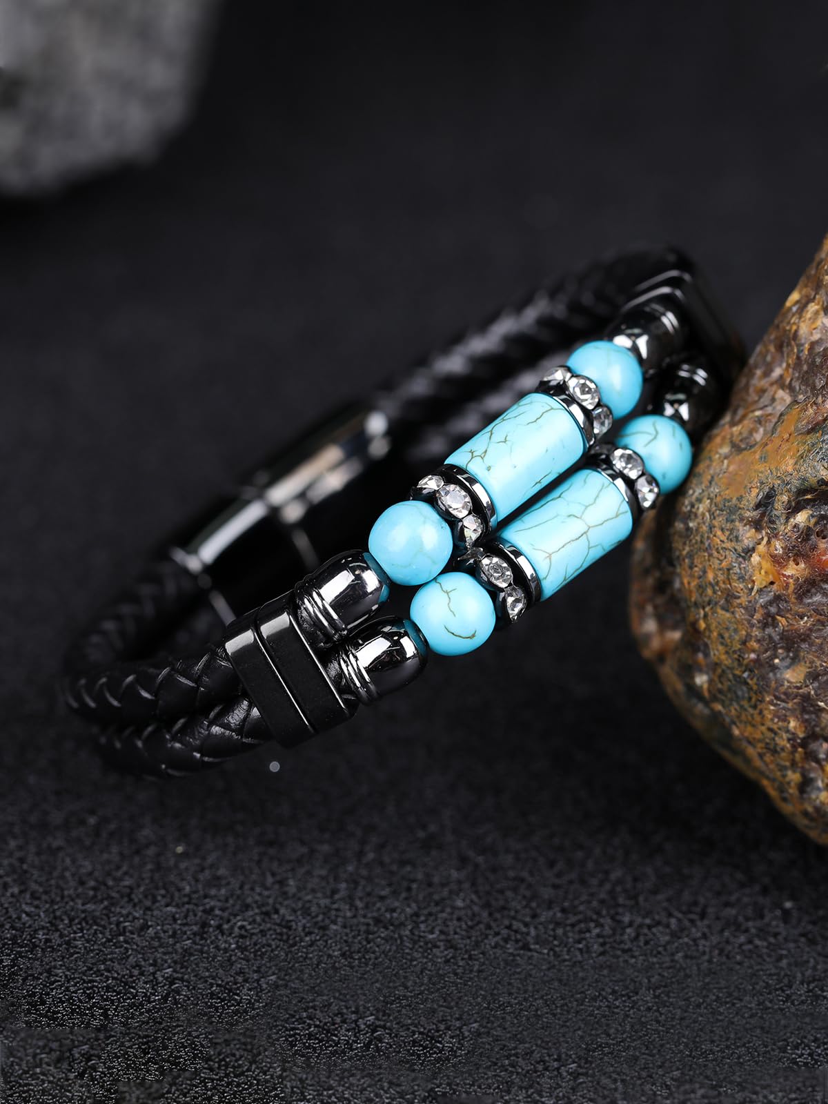 Mrcaois Mens Leather Turquoise Stone Bracelet–8.5" Braided Multi‑Layer Stainless Steel Clasp Leather Bracelets Jewelry Box and Pouch Packing