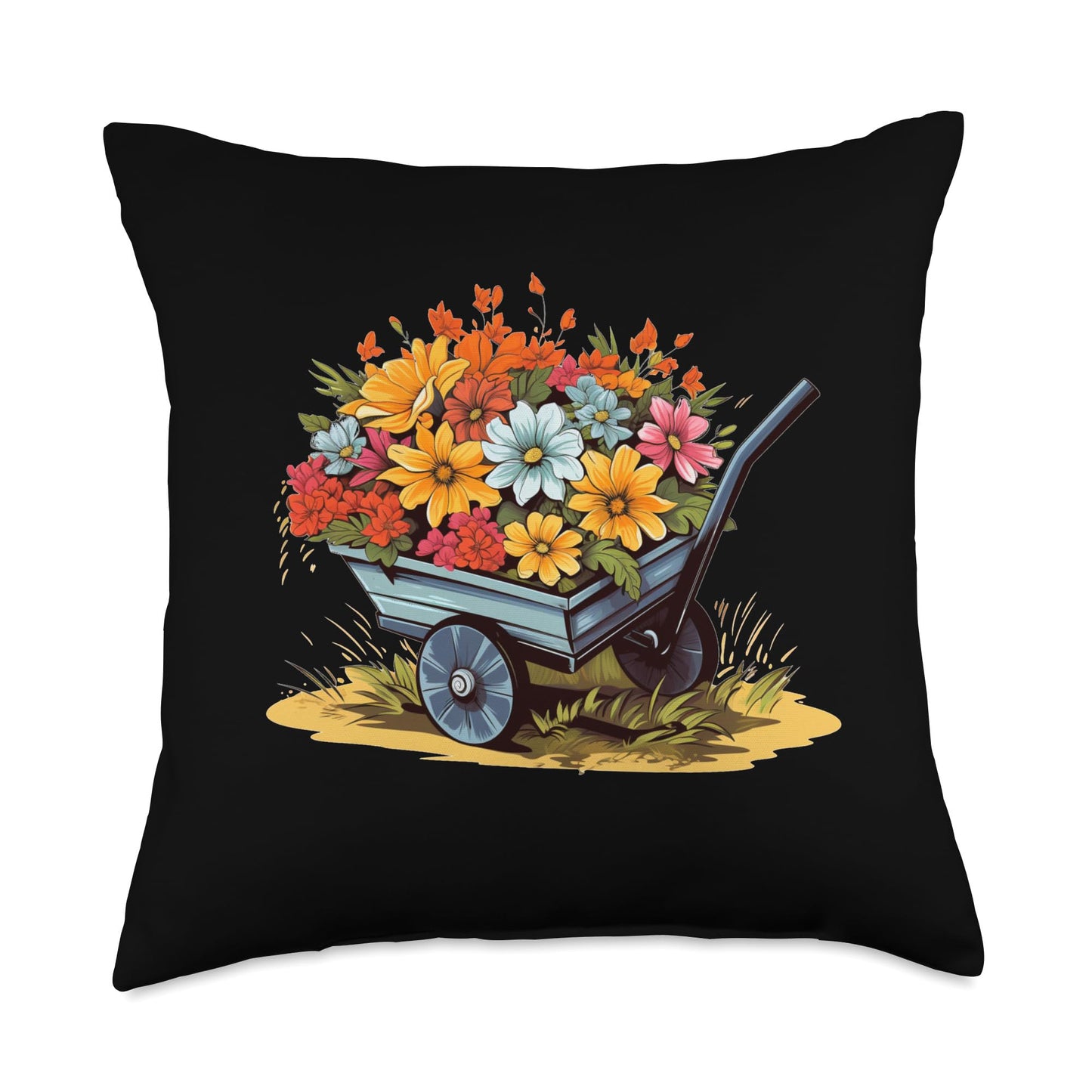 Funny Wheelbarrow Flowers Garden Cart with Flowers for Spring Season and Wheelbarrow Throw Pillow, 18x18, Multicolor