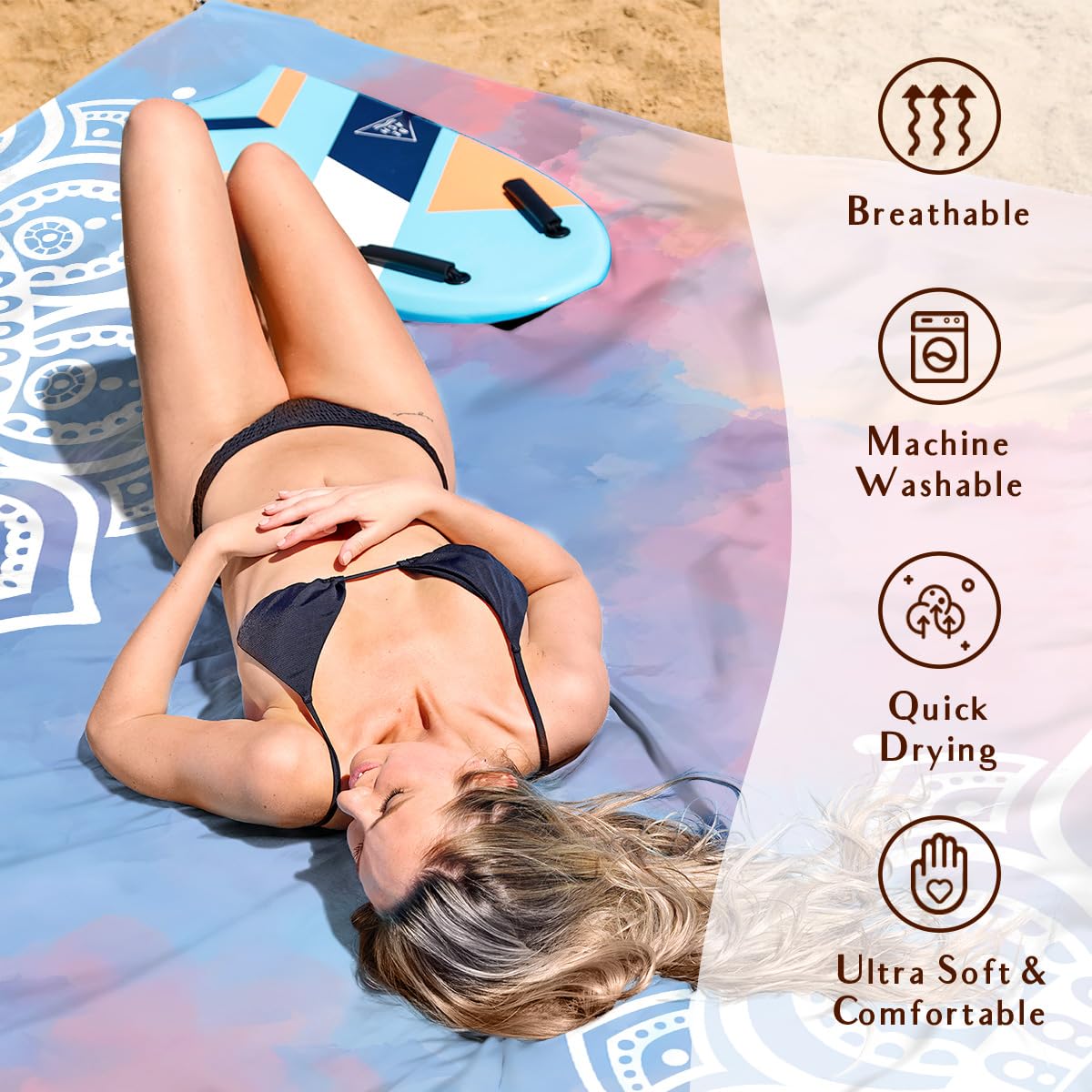 AlphaBeing Beach Blanket Waterproof Sandproof, Extra Large Beach Mat for 1–8 Adults, Oversized Picnic Blanket with 4 Stakes & Storage Bag, Essential Beach Gear for Travel (Mandala, 79“×83”)