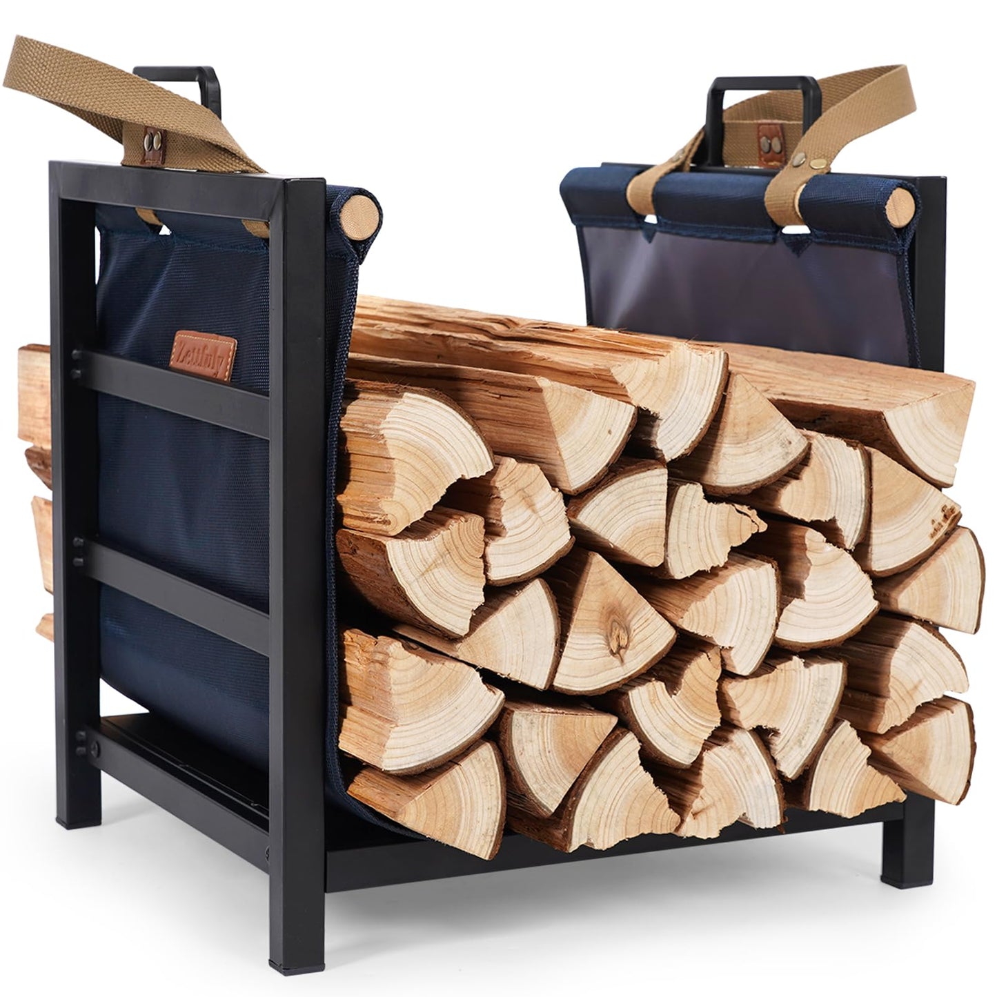 Zettfuly Firewood Rack Indoor Outdoor with Firewood Carrier, Fireplace Wood Log Holder Heavy Duty Metal, Indooor Firewood Holder for Fireplace Wood Storage, 16 inch, Navy