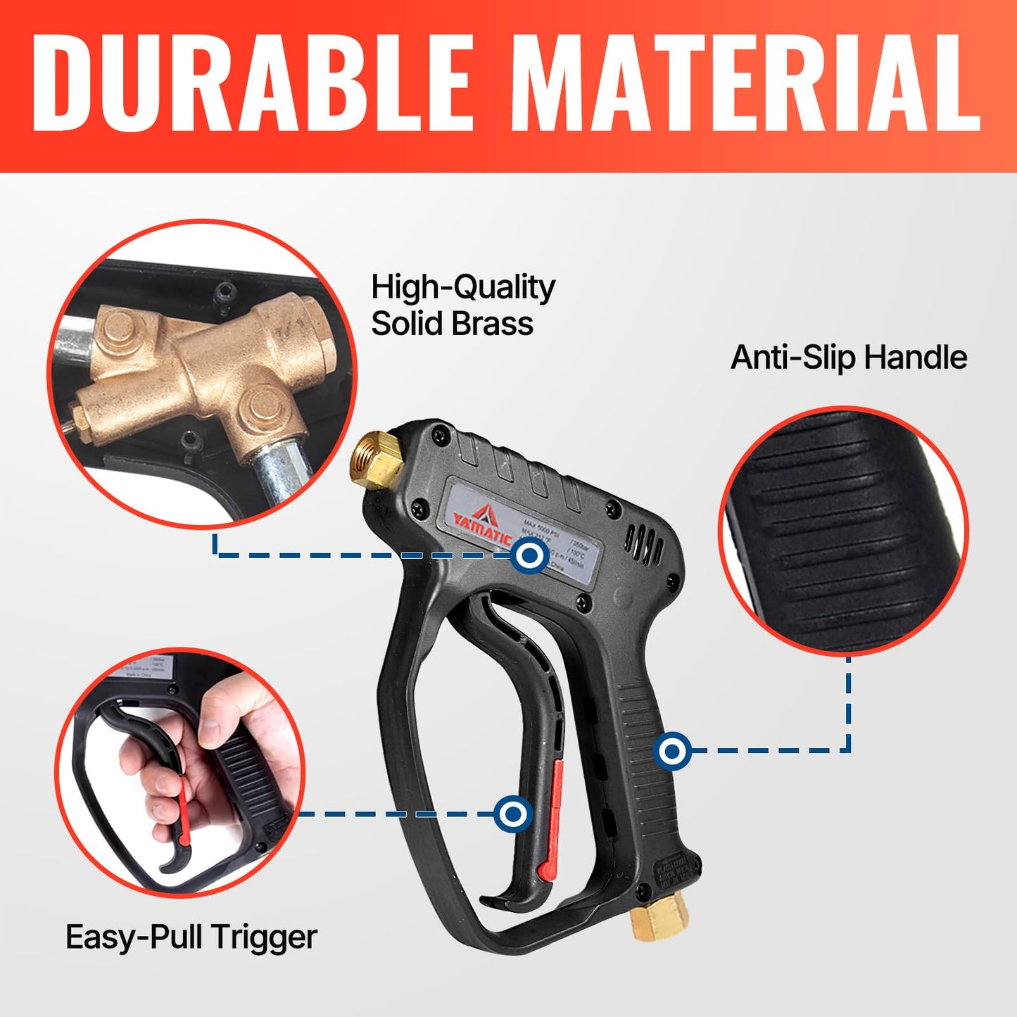 YAMATIC Short Pressure Washer Gun with Swivel, 5000 PSI Power Washer Wand Stubby Trigger Handle with 3/8" Plug & M22-14mm Male Inlet, 1/4" Quick Connect Outlet for Foam Cannon Car Wash