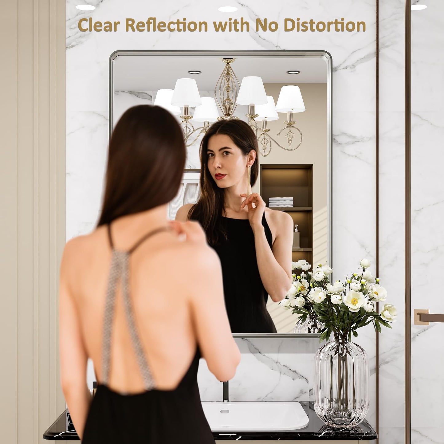 LOAAO 22X30 Inch Brushed Nickel Bathroom Mirror, Rounded Rectangle Silver Metal Frame Mirror, Brushed Nickel, Anti-Rust, Hangs Horizontally or Vertically