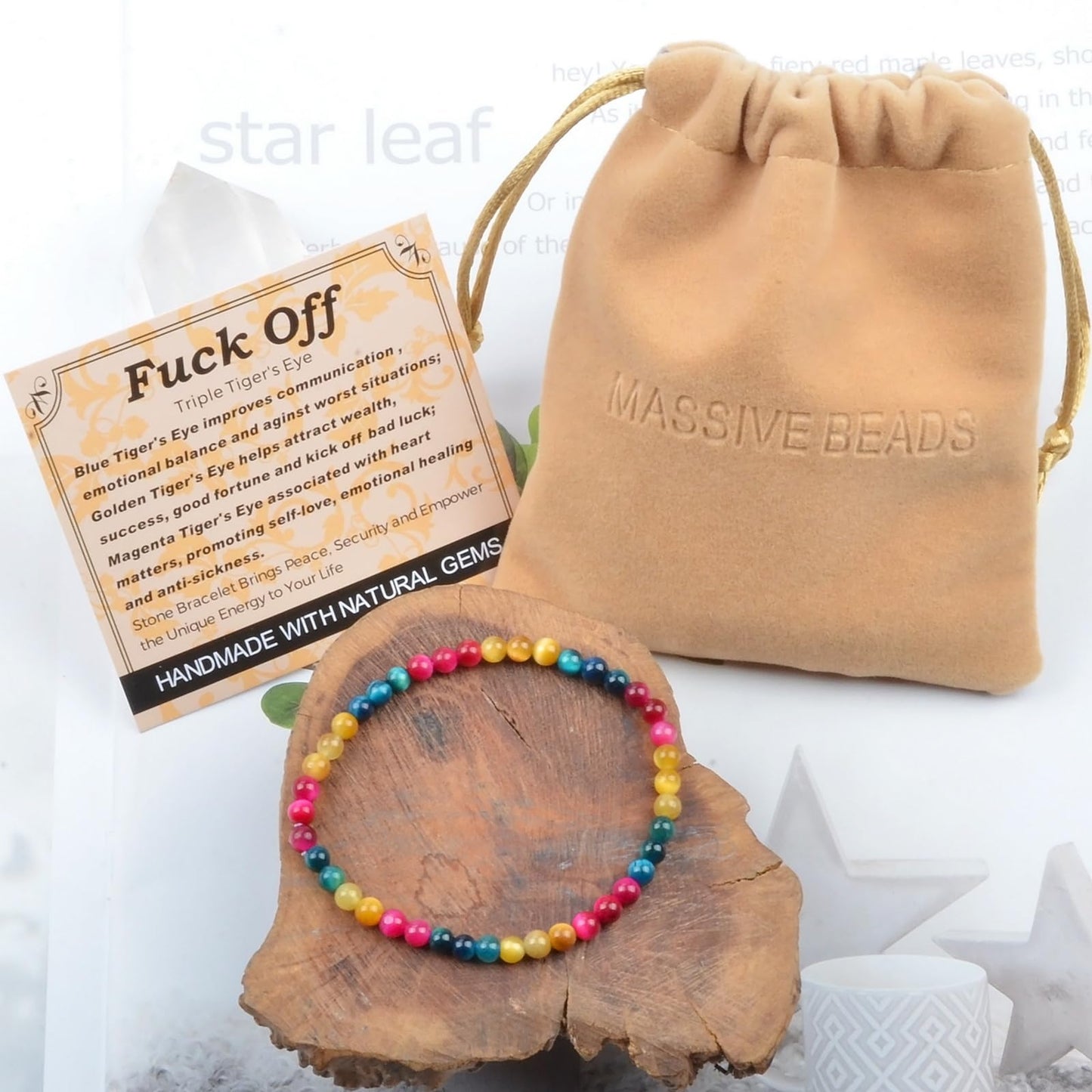 MASSIVE BEADS Triple Tiger's Eye - Fuck Off Handmade Handmade Yoga Stretch Elastic Bracelet Natural Stone Crystal Healing Power Energy Gifts for Unisex Adult 4mm