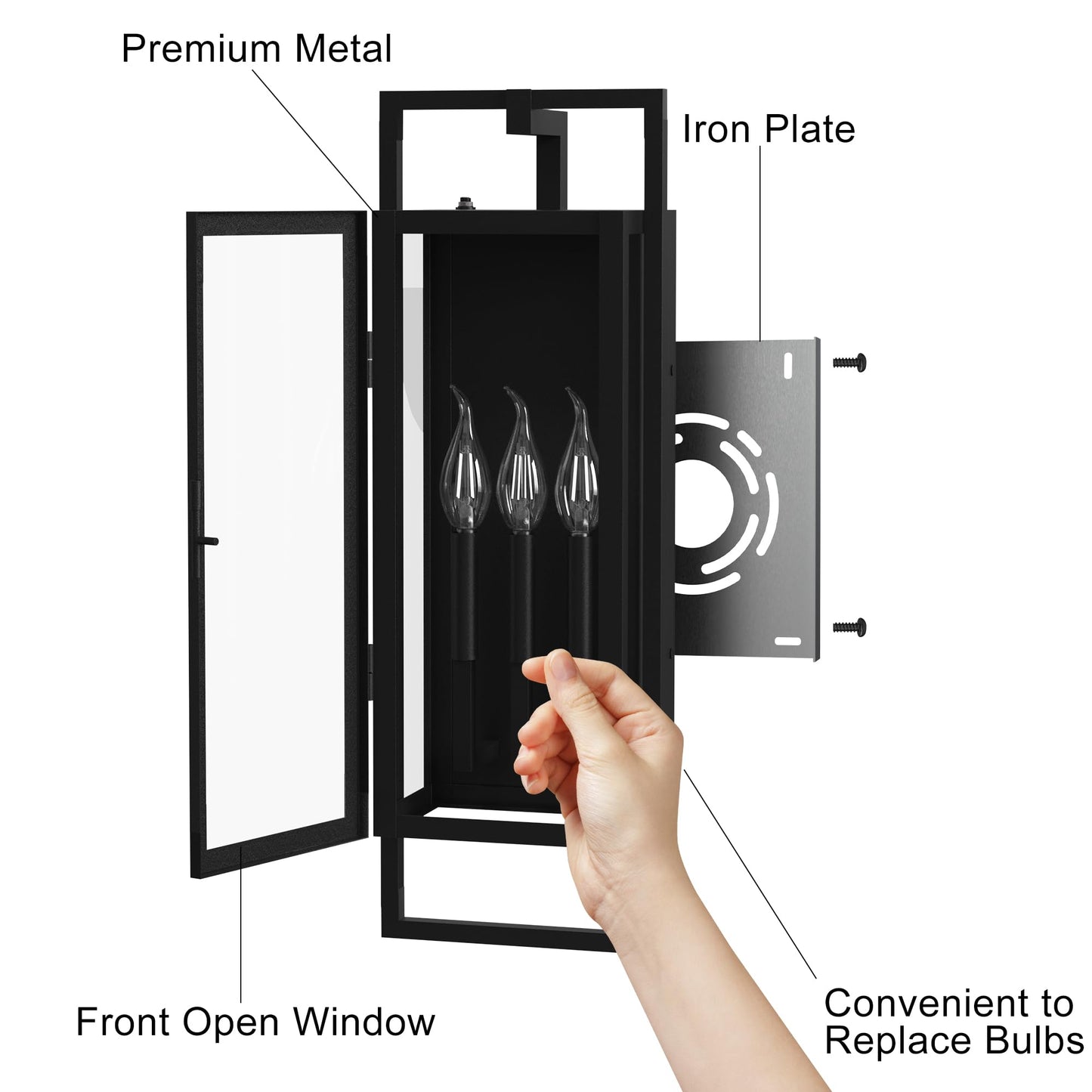 Lawyettle 26.38IN Porch Light Outdoor, Dusk to Dawn Wall Lantern with Tempered Glass, Waterproof Outside Light Front Porch Light 3-Light, Matte Black Front Open Window Wall Sconce for Patio