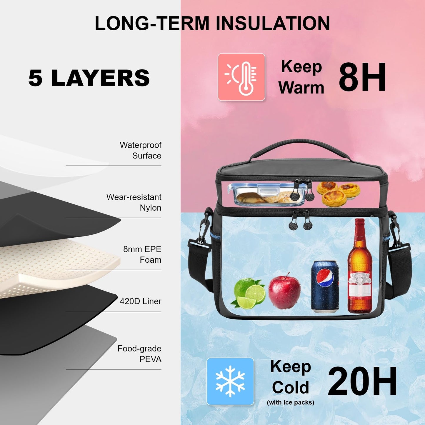 EVERFUN Small Cooler Bag 24 Can Insulated Lunch Box Double Deck Soft Leak-Proof Waterproof Collapsible Ice Chest for Men Women Work Travel Car Trip Picnic Beach, Black