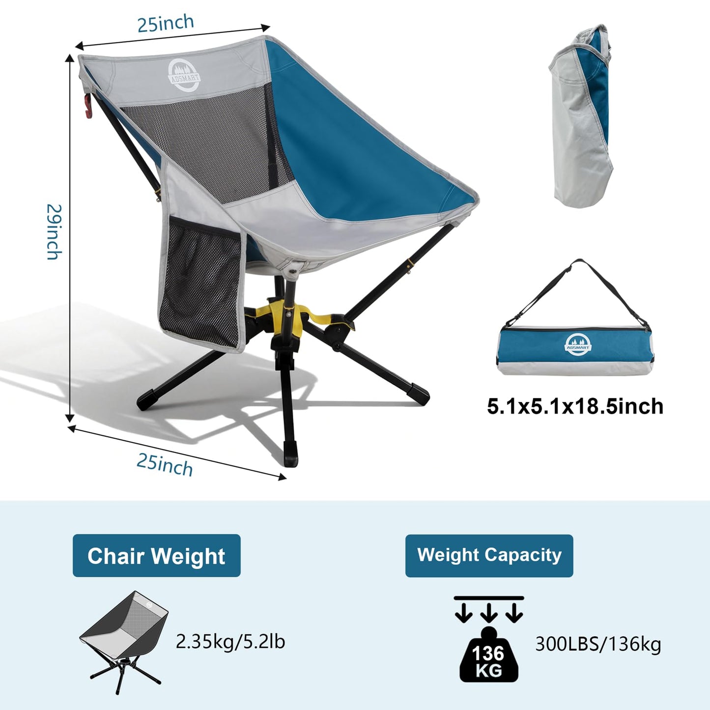 ADSMART Portable Camping Chair Lightweight Folding Chair for Camping - Outdoor Chair Supports 300 Lbs - Camp Chair Outdoor Adventures