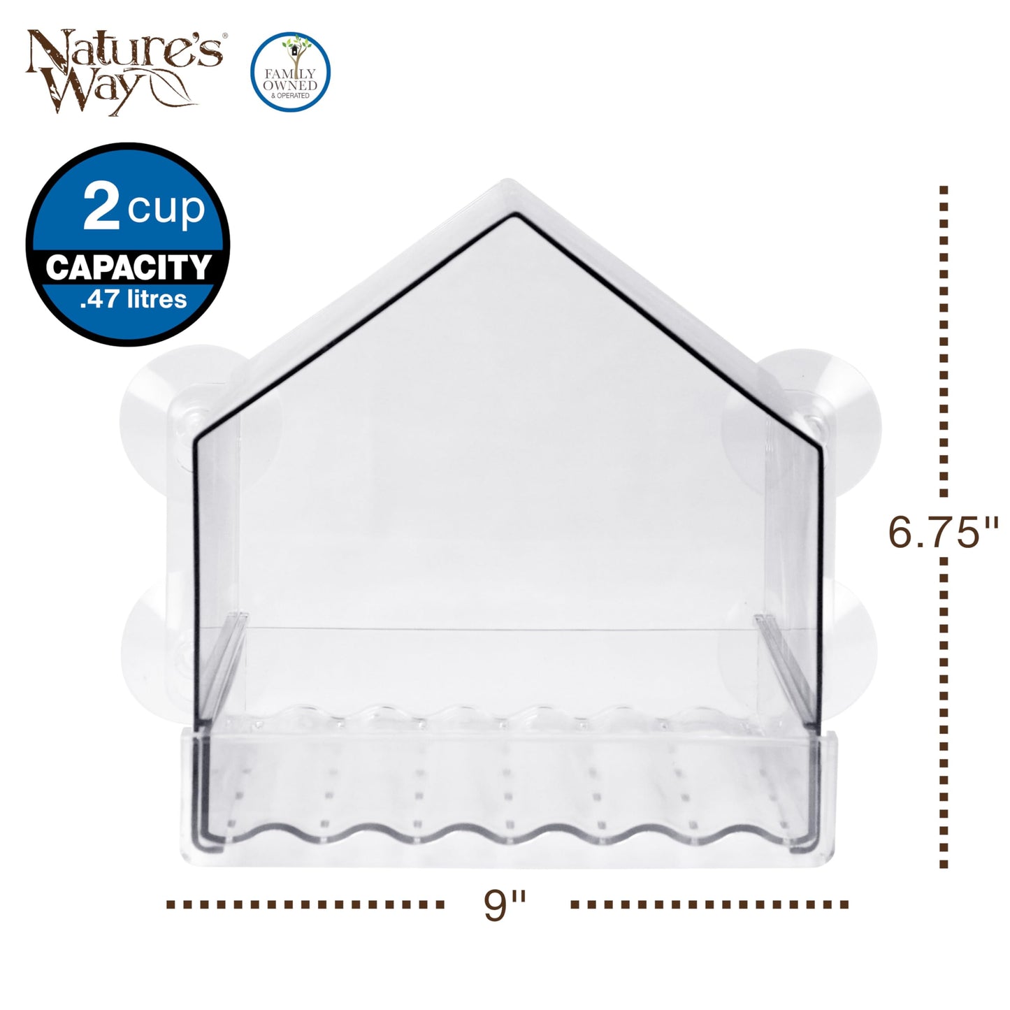 Nature’s Way Crystal Window Seed Feeder with 4 Secure Suction Cup Mount, Clear 2-Cup Capacity Hanging Bird Feeder for Close-Up Viewing, 6.5"