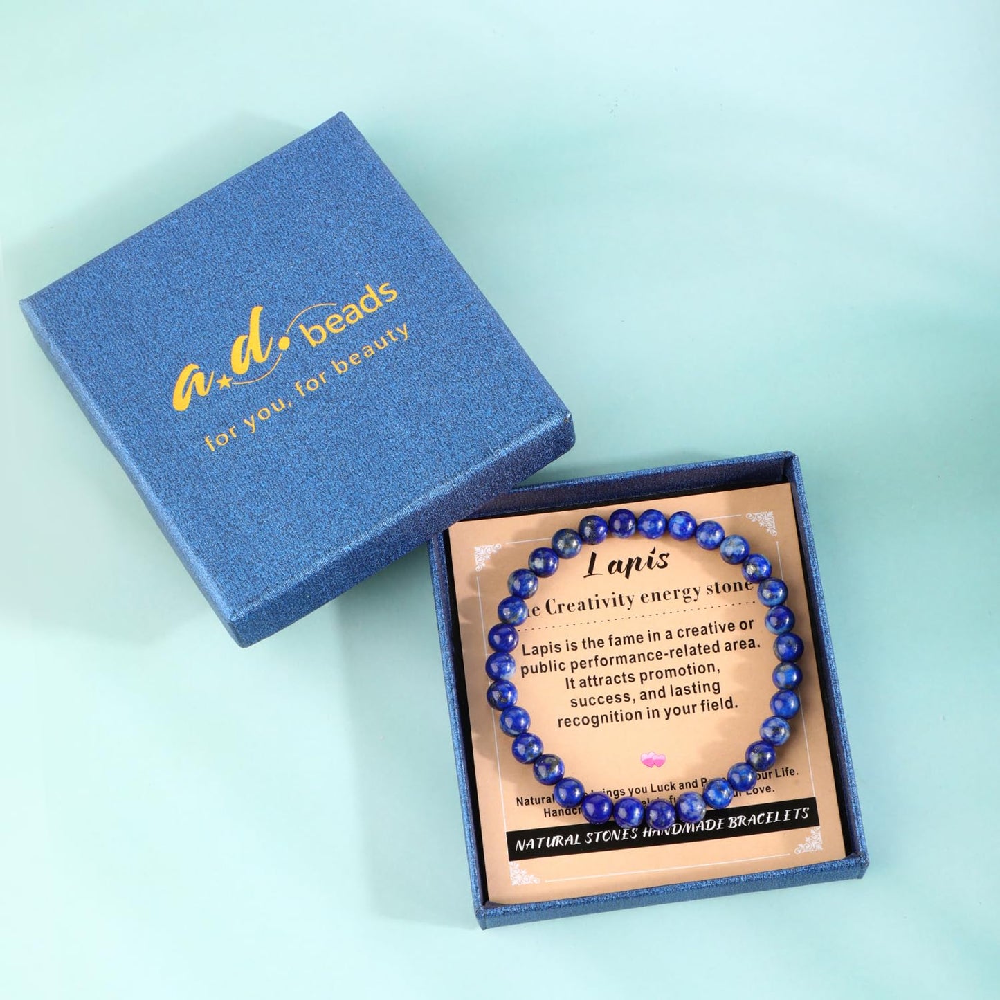 AD Beads 8mm Handmade Lapis Elastic Bracelet – Natural Gemstone for Profession Success – Meditation, Yoga, Healing and Energy Gift for Men Women