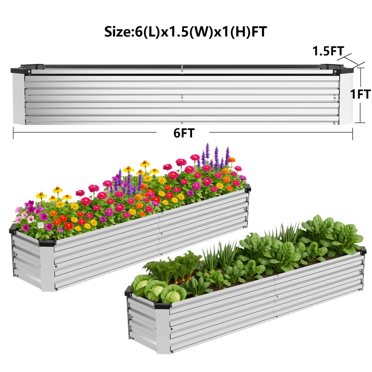 Bujijun 2 Pack 6x1.5x1FT Galvanized Metal Raised Garden Bed Kit for Vegetables, Herbs, Open-Bottom Large Capacity Outdoor Planter Box Gardening Stakes, Silver