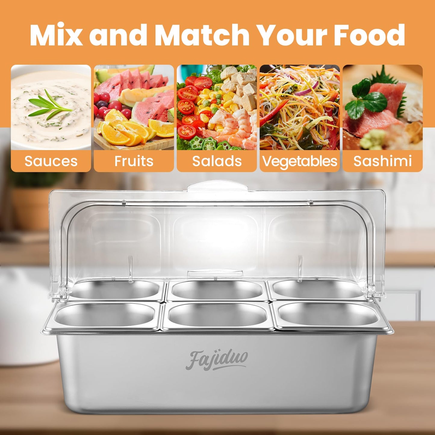 Countertop Ice Food Serving Display Container, Spice Display Salad Dressing Cooler, Stainless Steel Food Serving Tray Buffet Condiment Dispenser with Clear Roll Top Cover, Clamps, Spoons, Ice Box