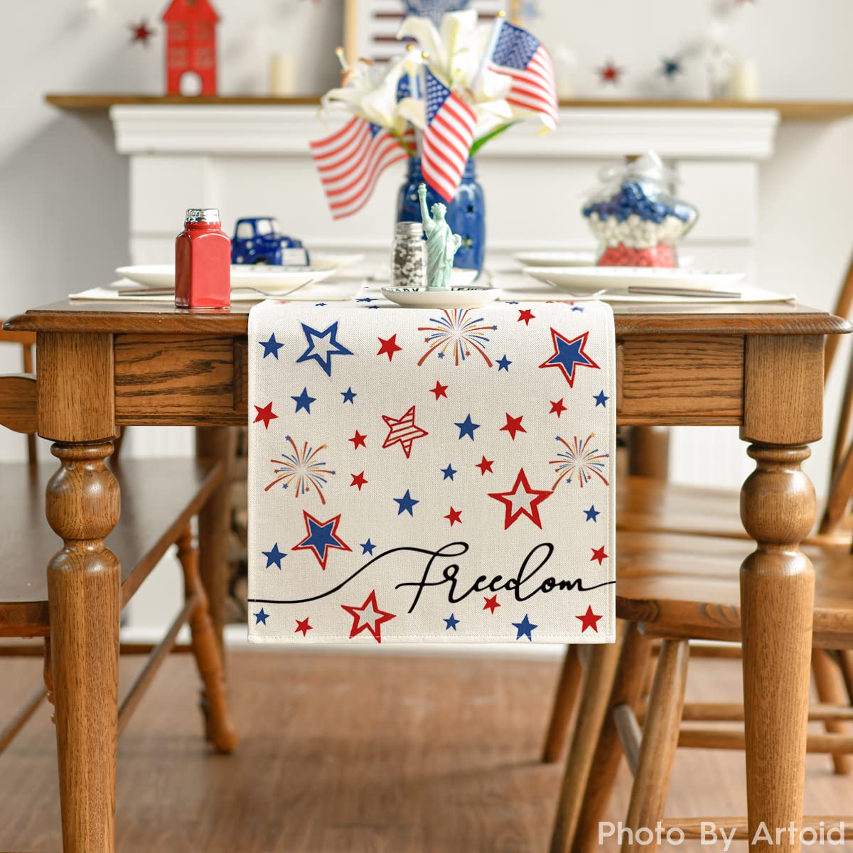 Artoid Mode Patriotic Freedom Stars 4th of July Table Runner, Memorial Day Holiday Kitchen Dining Table Decor for Indoor Outdoor Home Party Decoration 13 x 72 Inch