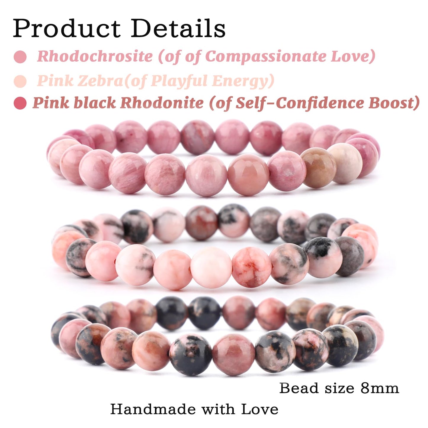 NCB 3-Piece 8mm Natural Crystal Gemstone Stretch Bracelets – ﻿Rhodochrosite, Pink Zebra, Pink Black Rhodonite Handmade Reiki Energy Healing Jewelry for Meditation,Yoga, Unisex