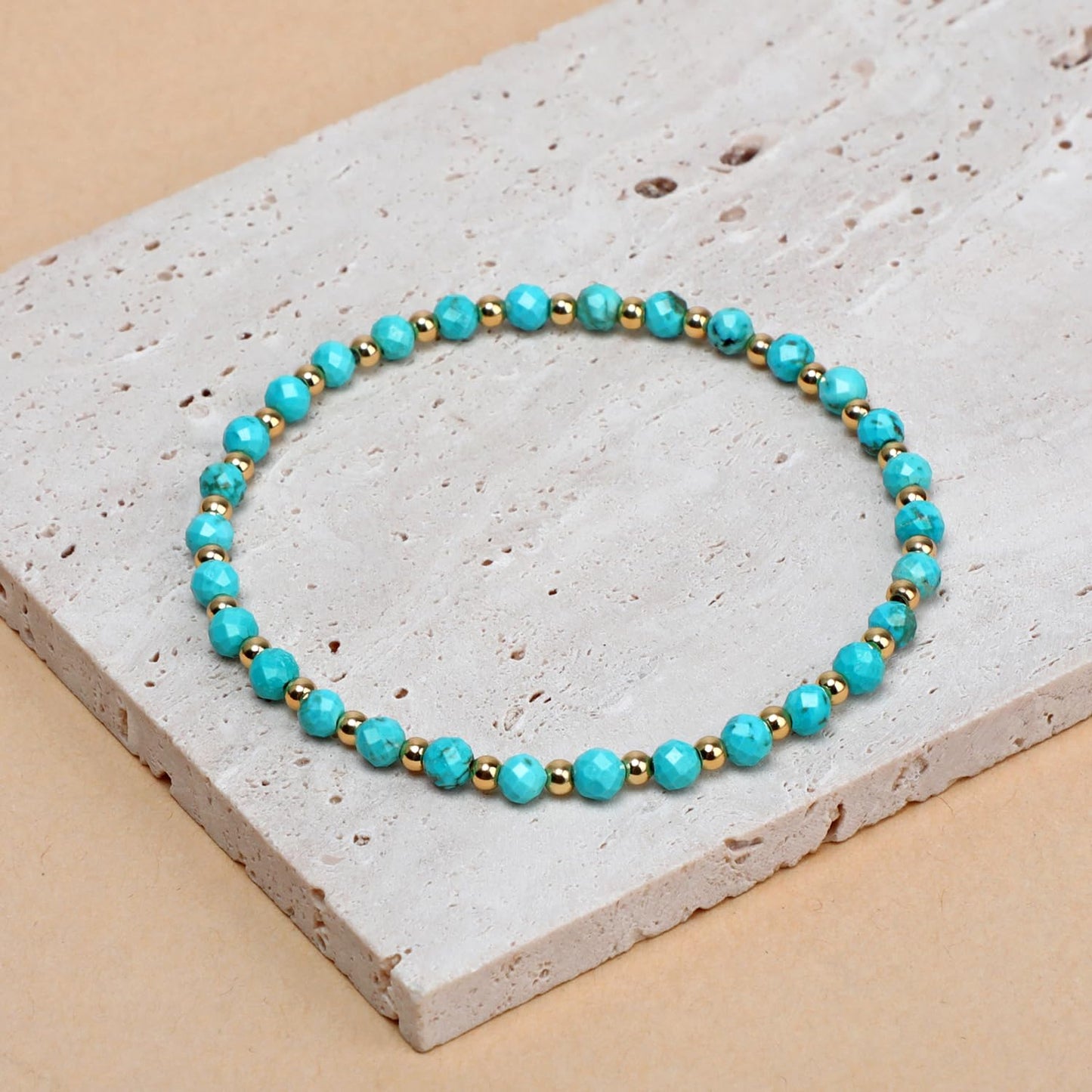 QOGIR Blue Turquoise - Stone of Wisdom - 14K Gold Plated Beads Natural Gemstone Stretch Elastic Dainty Healing Beaded Bracelets Gifts 4mm