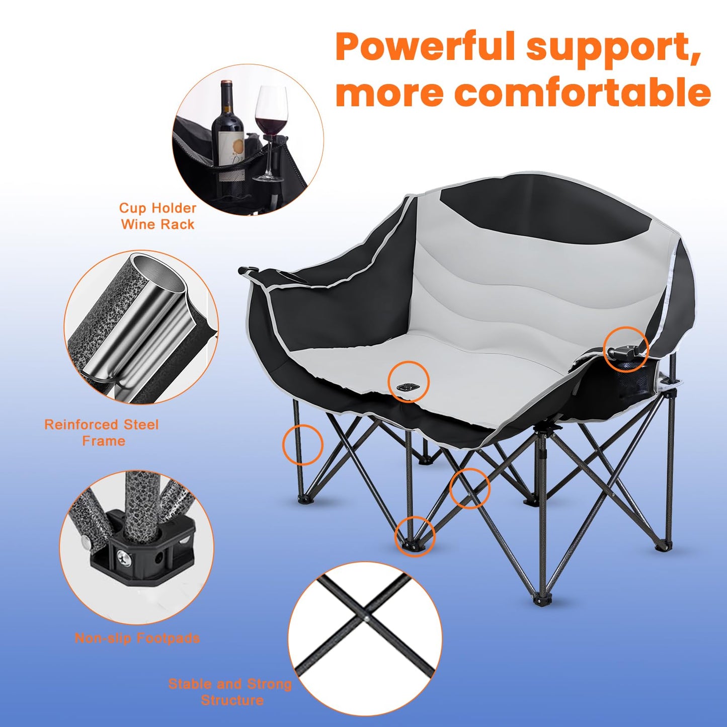 OTIATrail Double Camping Chair Loveseat with Cup Holders, 2 Person Folding Outdoor Chair, 550lbs Heavy Duty, 600D Oxford Fabric Padded 2 Seat, Portable Camping Couch for Camp/Lawns/Sports Grey