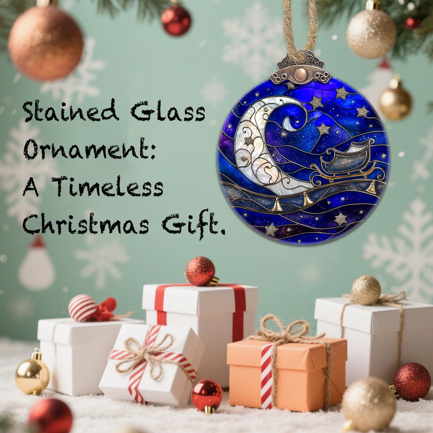 CRISGIF Stained Glass Christmas Decorations, Blue Starry Sky Silver Moon Suncatcher for Window Christmas Tree Hanging Ornaments Bell Sun Catcher Xmas Decor Gifts for Women Men Mom Nana Friend