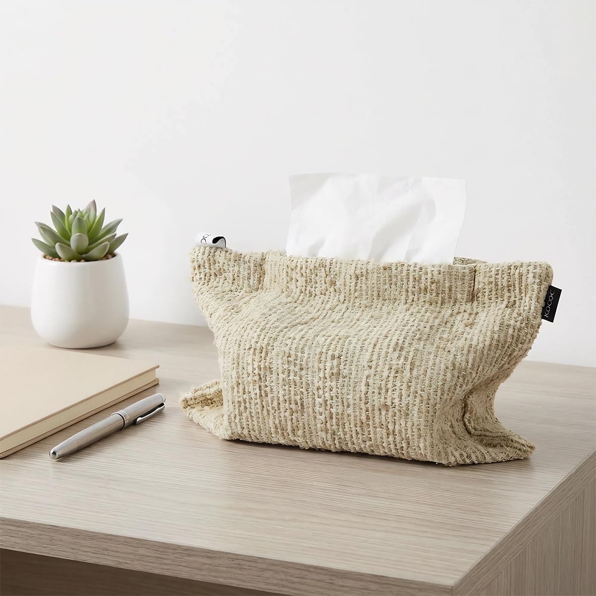 Nordic Forest Style Tissue Holder Bag Soft Khaki Chenille Fabric Pocket Tissue Holder Reusable Decorative Holder Decorations for Home Office Bathroom Car 10.6×7 inches