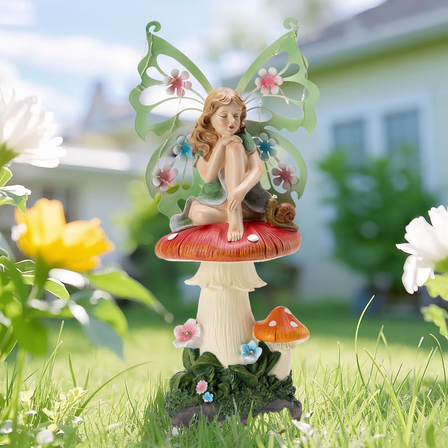 twinbling Solar Fairy Garden Decor Flower Fairies Mushroom Figurines with Snail Decor Gifts for Women Mom Miniature Fairy Figurine for Lawn Garden Patio Yard Decorations Outdoor Statue