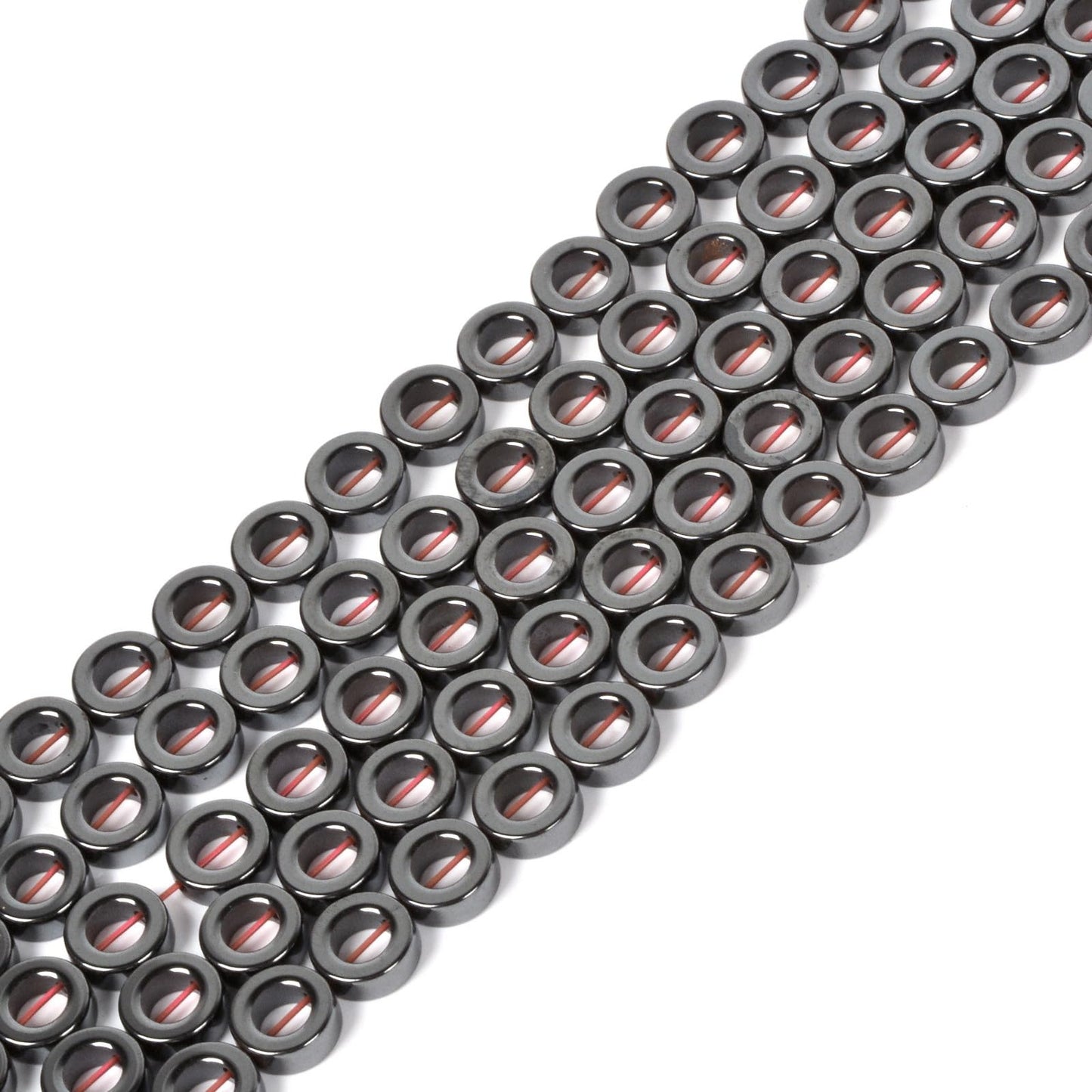 Natural 8mm Hematite Hollow Circle Flat Round Ring Shape Donut Beads Strand 16 Inch for Jewelry Making