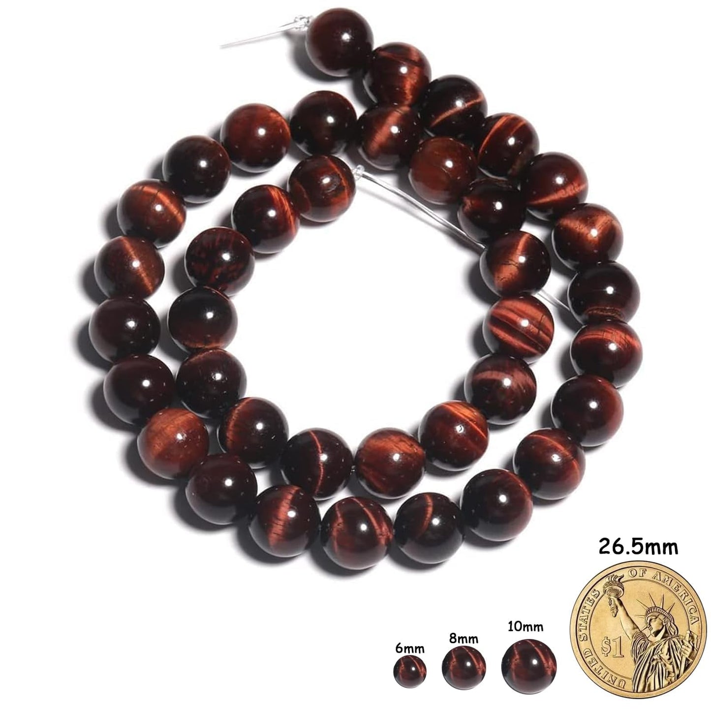 Yochus 45pcs Red Tiger Eye Beads，8mm Healing Power Natural Stone Round Loose Beads for Jewelry Making Earring Necklace DIY Crafts