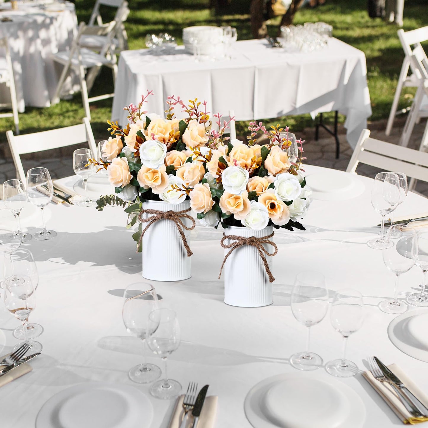 Domensi 24 Sets Wedding Table Centerpiece Artificial Flowers with Vase 48 Pcs Fake Bouquets 24 Pcs Metal Vases Floral Arrangements for Holiday Party Event Table Decor(Champagne)