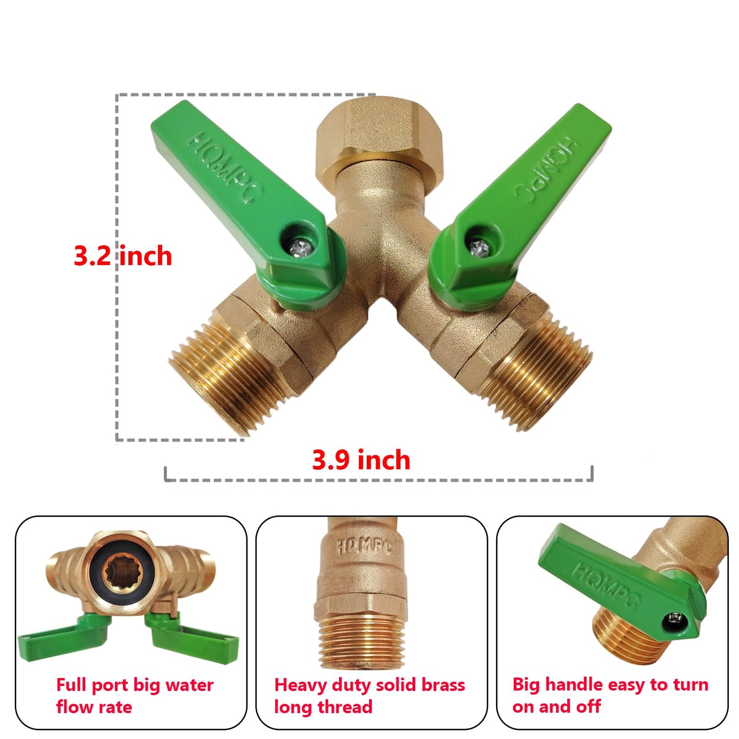 HQMPC Garden Hose Y Valve Splitter With Metal Long Handle Brass Hose Splitter Big Water Flow Hole- Spigot Splitter 2 way 3/4" GHT Thread