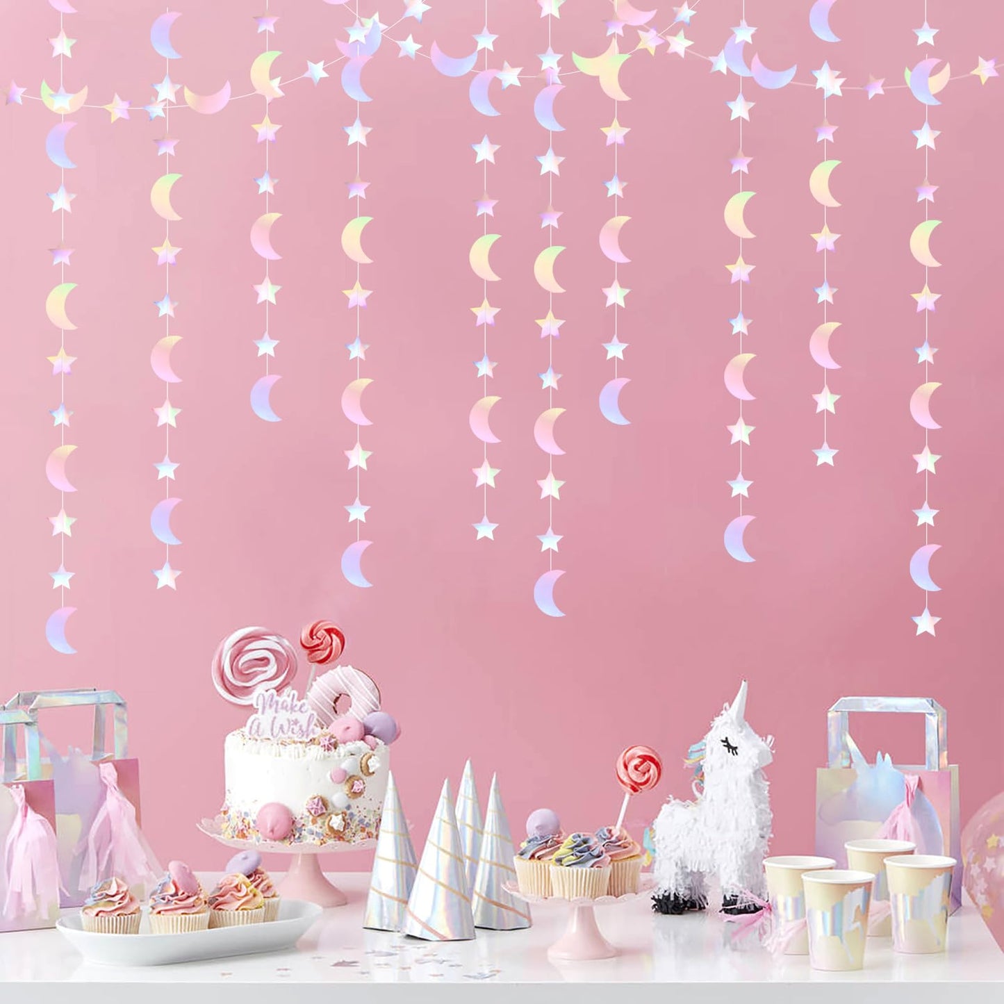 Iridescent Disco-Holographic Party-Decorations Moon-Star Garland - 62Ft Twinkle Little Star Hanging Neon Streamers Banner,Eid Ramadan Mubarak Decoration Birthday Wedding Baby Shower Decor Panduola