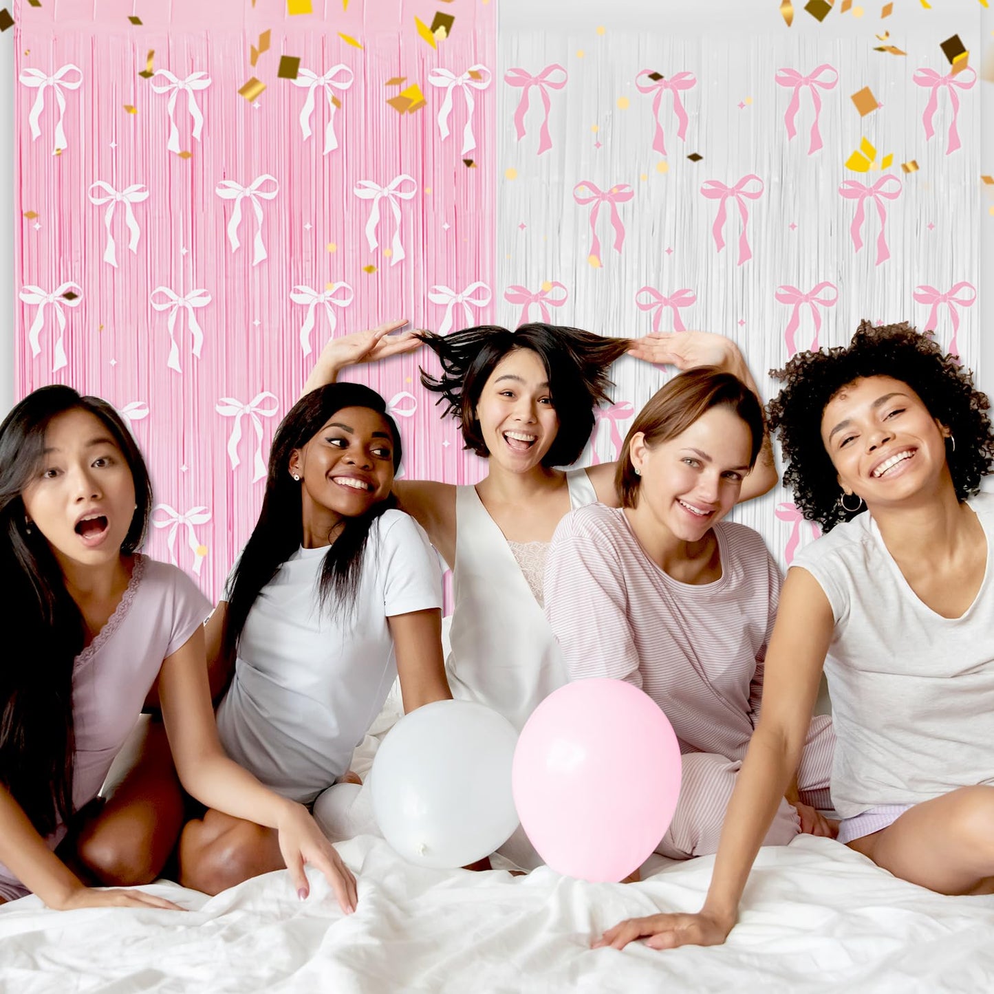 4 Pack Pink Bow Party Backdrop Decoration Pink Bow Foil Fringe Curtains for Girls Bow Birthday Baby Shower Decorations Bridal Shower Bachelorette Party Decor Supplies 3.2ft X 8.2ft