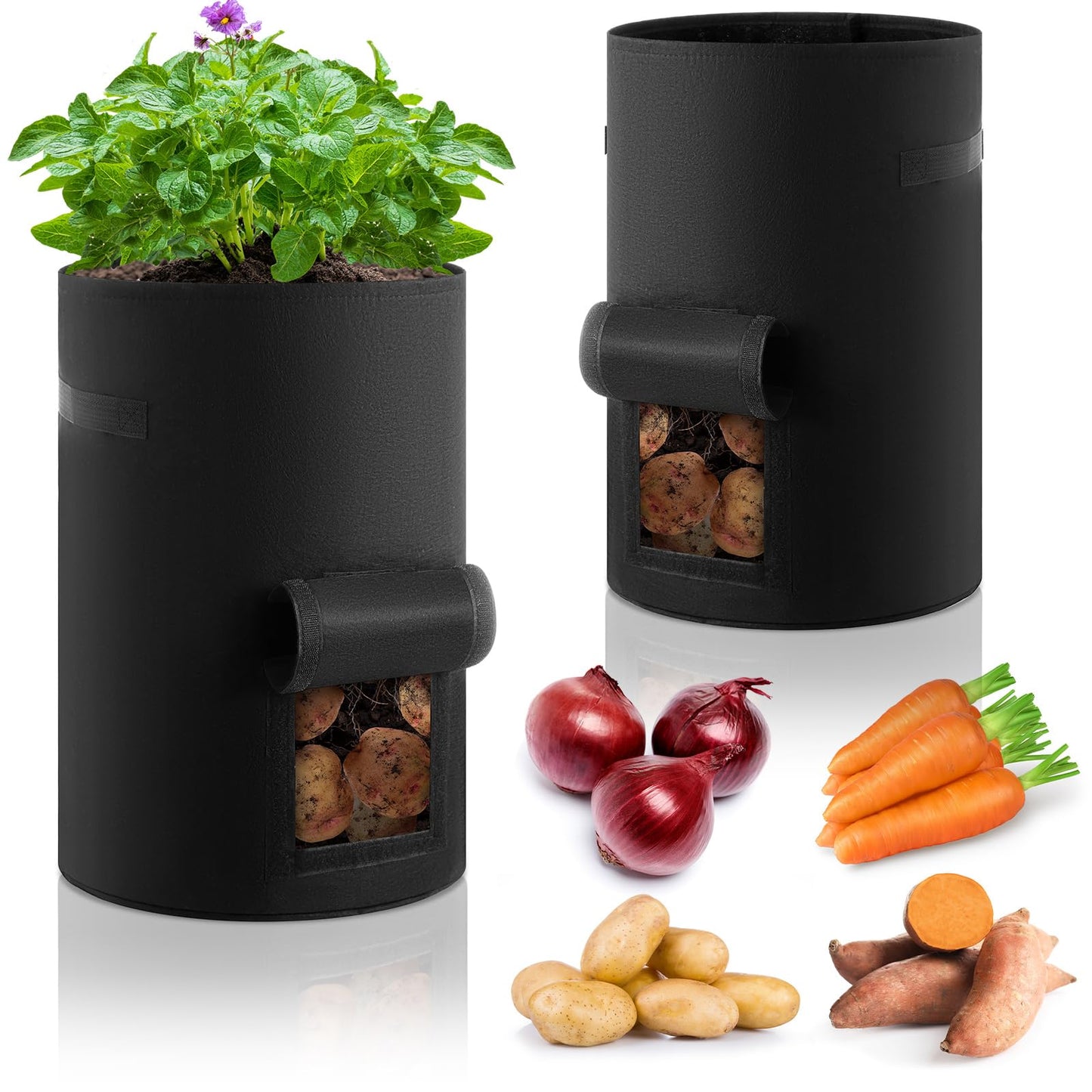 Yoojahow 2 Pack 30 Gallon Potato Grow Bags with Harvest Window, Durable Garden Planter Bags with Handles for Potatoes, Tomatoes, and Vegetables - Indoor & Outdoor Gardening Supplies (Black)