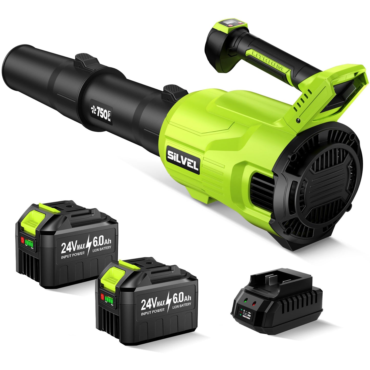 SILVEL Cordless Leaf Blower with 2x6.0Ah Battery and Quick Charger, 750CFM (250MPH) High Power Turbo Leaf Blowers with LCD Screen/Variable Speeds for Lawn Care, Patio, Dust, Blowing Leaves