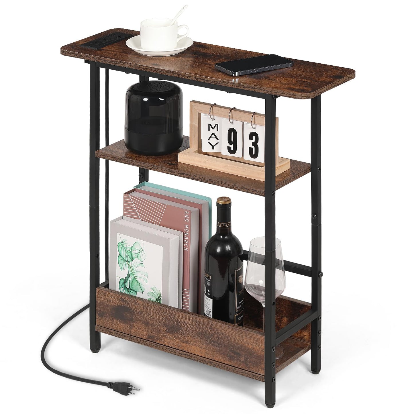 Narrow Side Table with USB-C Charging Station, 3-Tier Slim End Table with Magazine Holder, Modern Thin Side Table for Couch or Small Spaces, Skinny Nightstand for Living Room or Bedroom