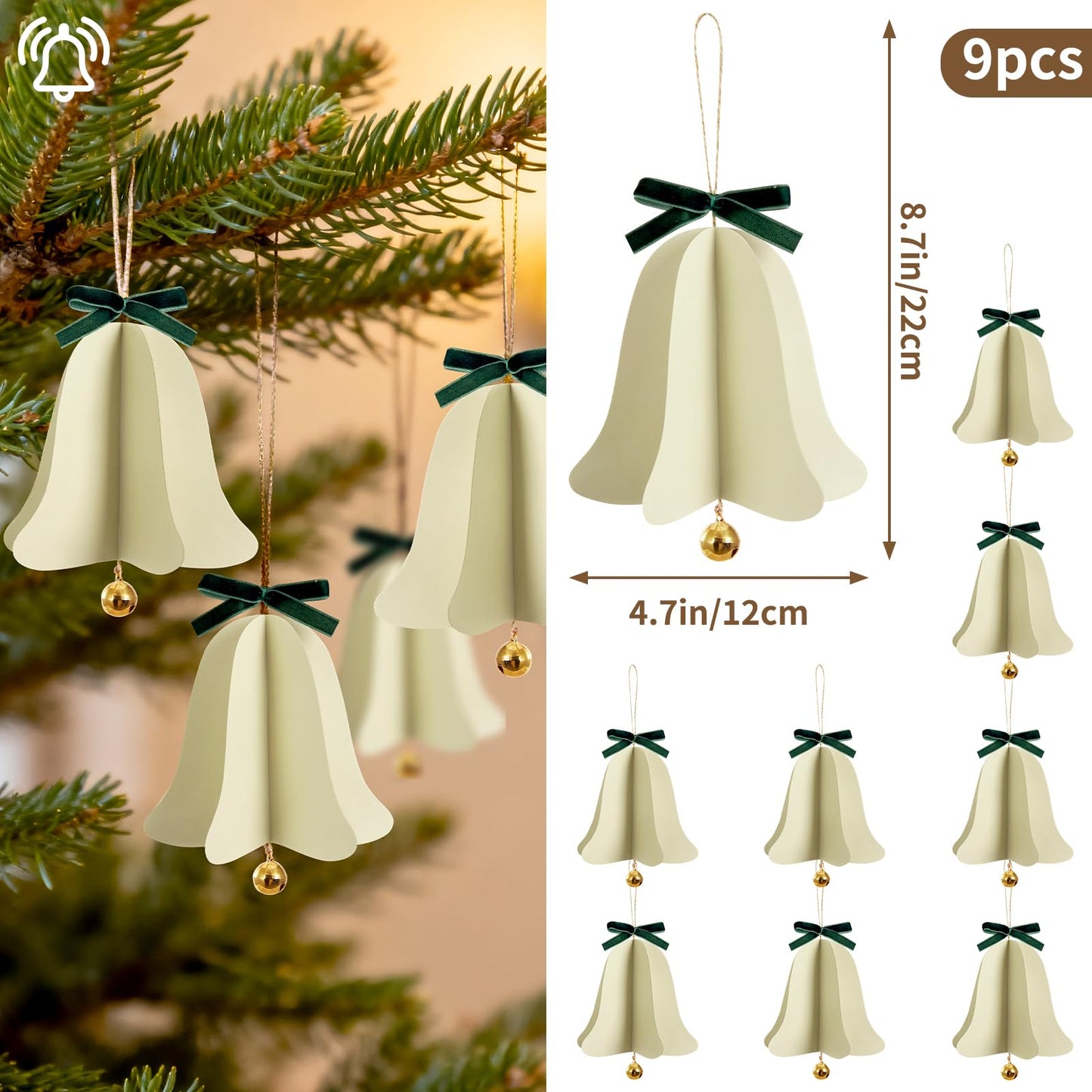 9PCS Mini Christmas Bell Ornament - Paper Hanging Jingle Bells Ornament for Christmas Tree Boho Paper Hanging Decorations for Xmas Holiday DIY Home Decor