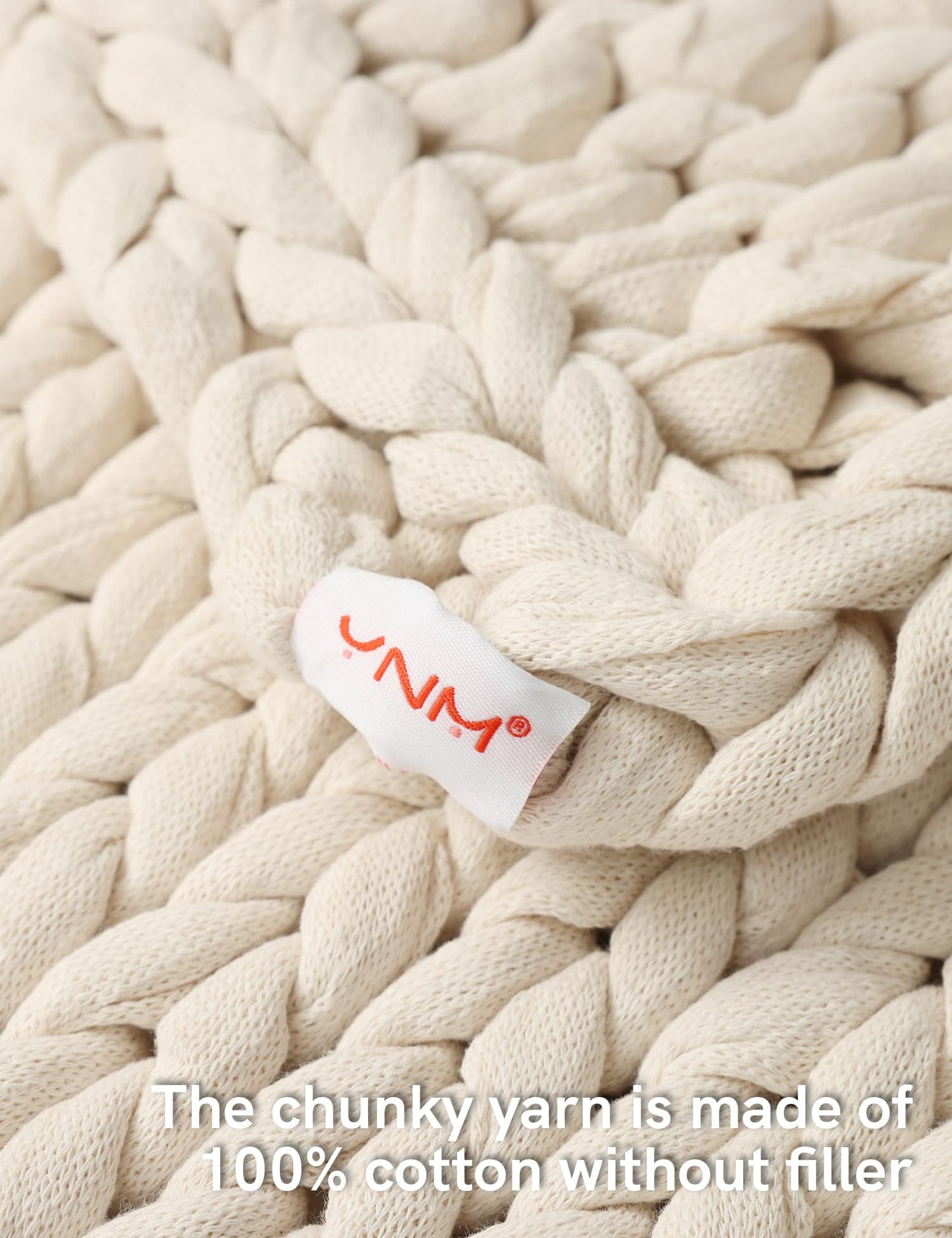 YnM Cotton Weighted Blanket, Handmade Chunky Knitted Design, Soft and Cozy, Temperature Regulating and Breathable, Machine Washable Throw for Sleep or Home Decor (Cream White, 60x80 Inch, 25lbs)
