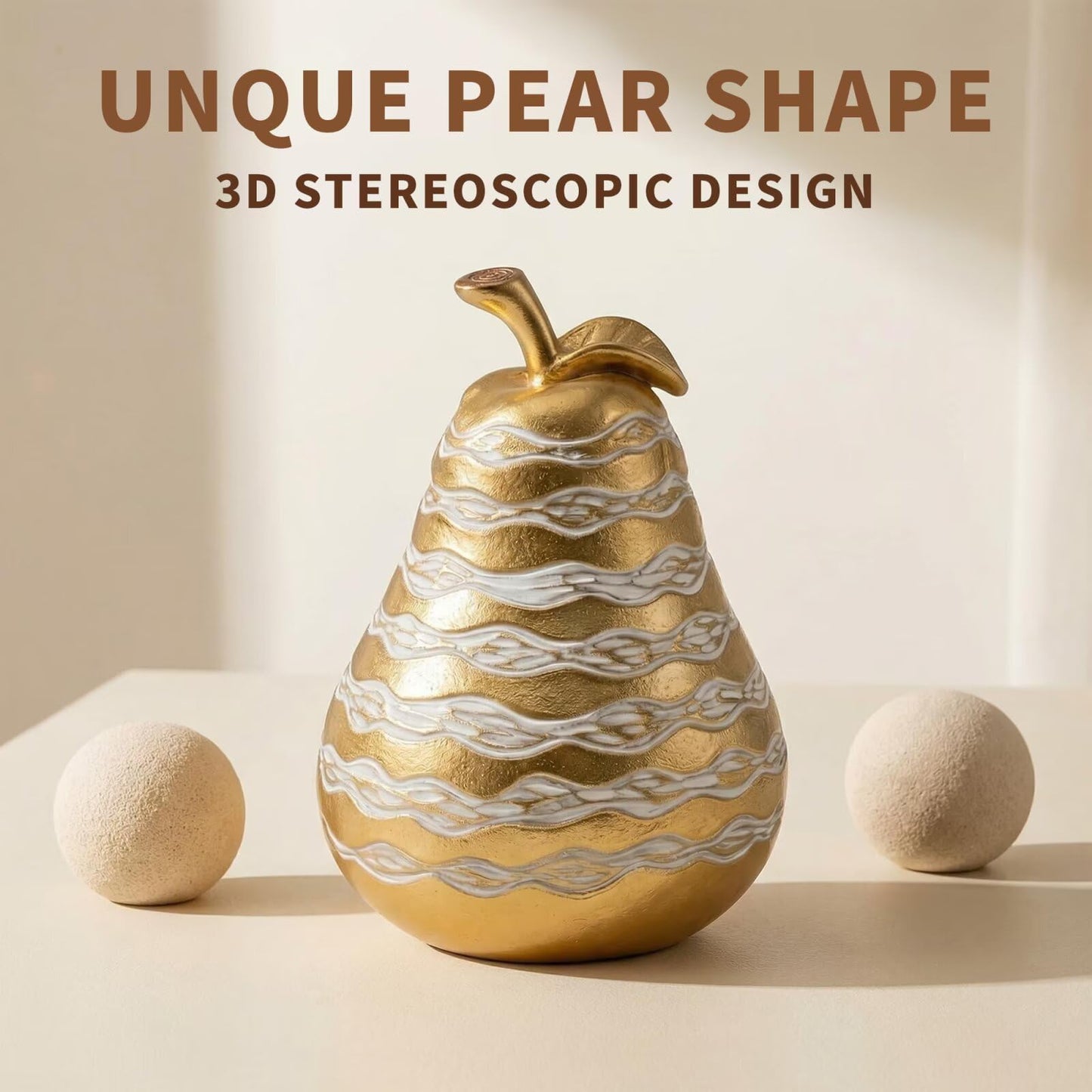 Zhao Xiang Modern Gold & White Pear Figurine - 6" Resin Fruit Statue with Textured Wavy Stripes, Contemporary Kitchen Island, Coffee Table & Shelf Decor Centerpiece