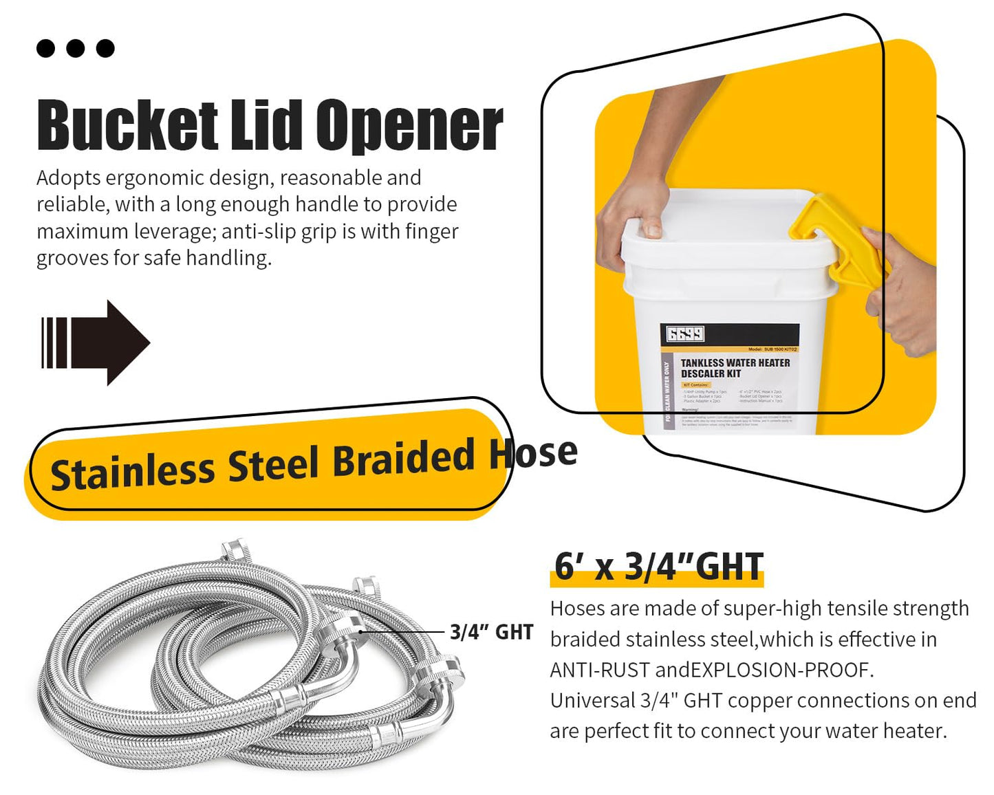 6699 Tankless Water Heater Flush Kit Includes 1/4HP Sump Pump with Two Adapters & 3 Gallons Pail with Bucket Lid Opener & Two 1/2” Dia X 6’ Hoses with Washers