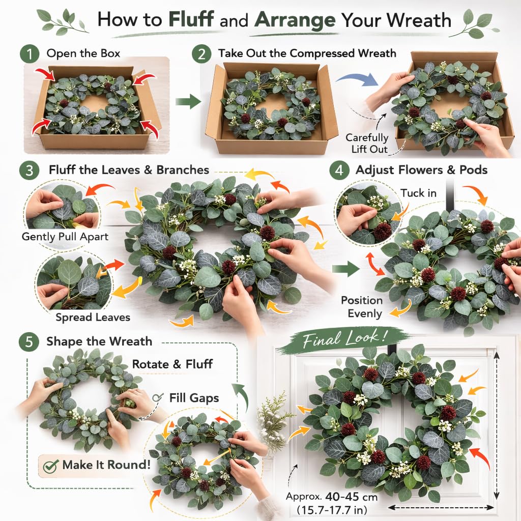 YUGALI 24" Spring Summer Eucalyptus Wreaths for Front Door, Artificial Silk Green Silver Dollar Eucalyptus Olive Leaves with White Berry Pinecone Accents Farmhouse All Seasons Outdoor Home Decor