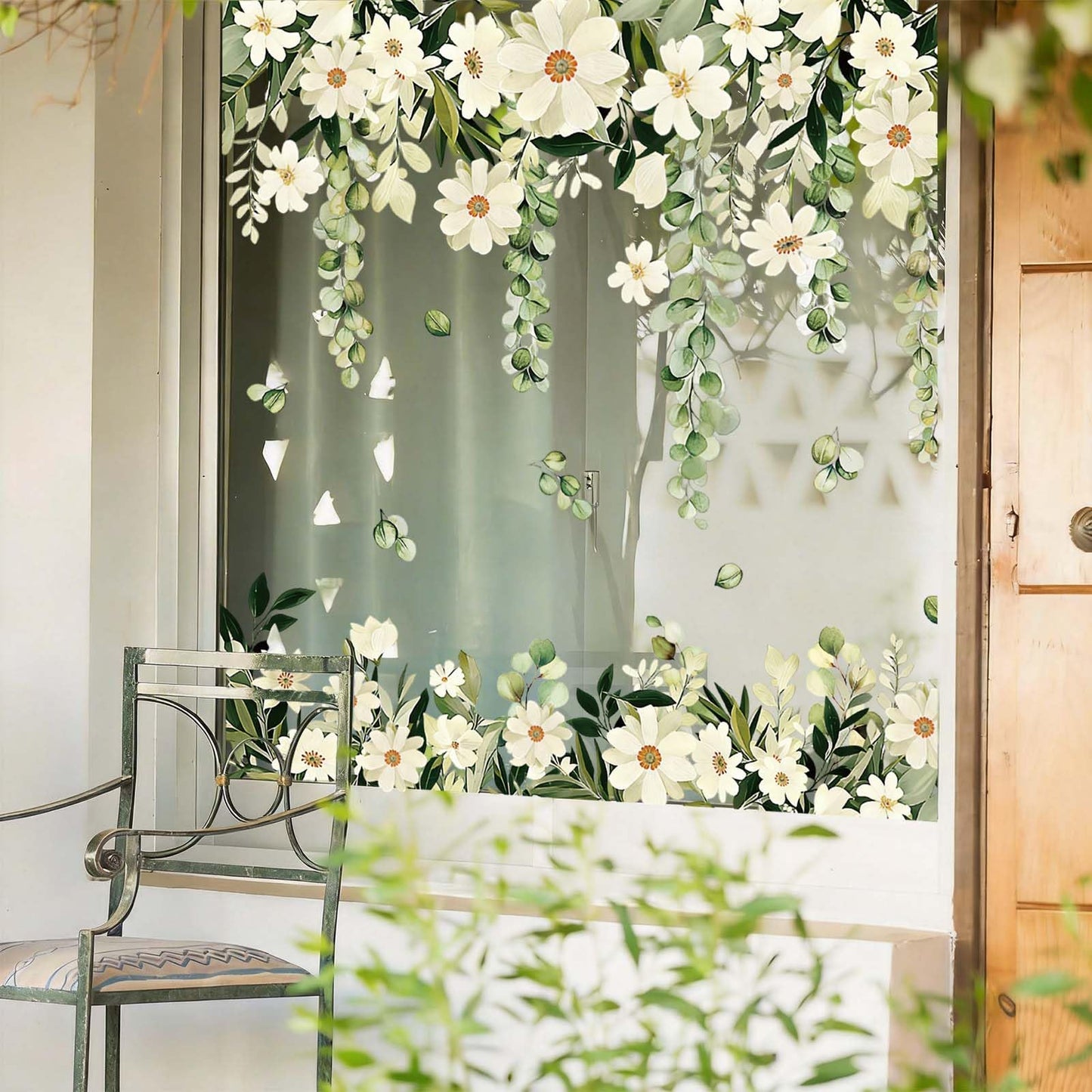 Daisy Spring Flowers Window Clings Eucalyptus Leaves Window Decals Hanging Vine Floral Leaf Double-Sided Reusable for Home School Office Decor Party Supplies,6 Sheets