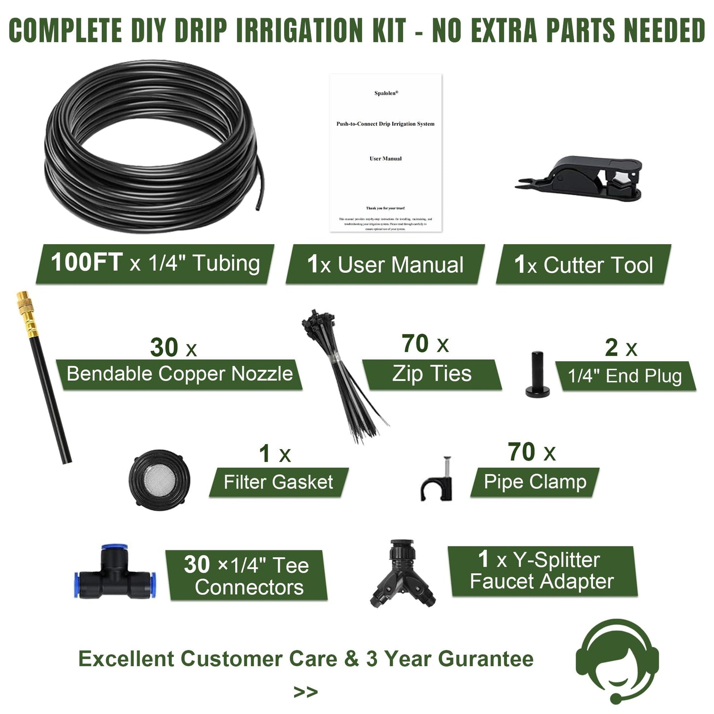 100FT Drip Irrigation System Kit Dual-Zone Garden Atomizing Watering System with 30 Copper 360° Adjustable Bendable Nozzles,Y-Splitter, Leak-Proof 1/4" Misting System for Garden Greenhouse Raised Beds
