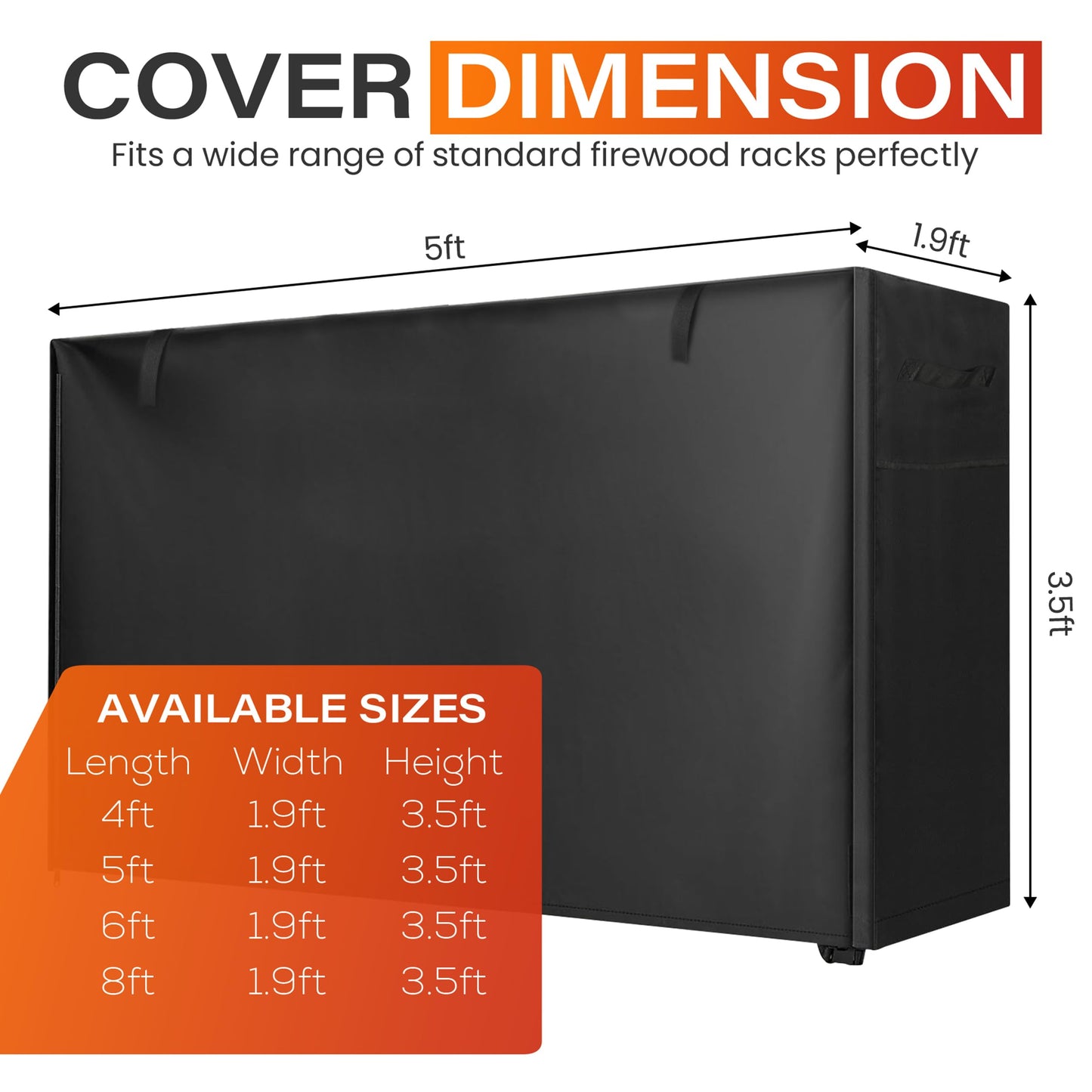 5ft Waterproof Firewood Rack Cover - Heavy Duty Black 600D Oxford Fabric - Indoor Or Outdoor Firewood Log Cover with Zipper & Adhesive Closing Strips - Rack NOT Included - Black