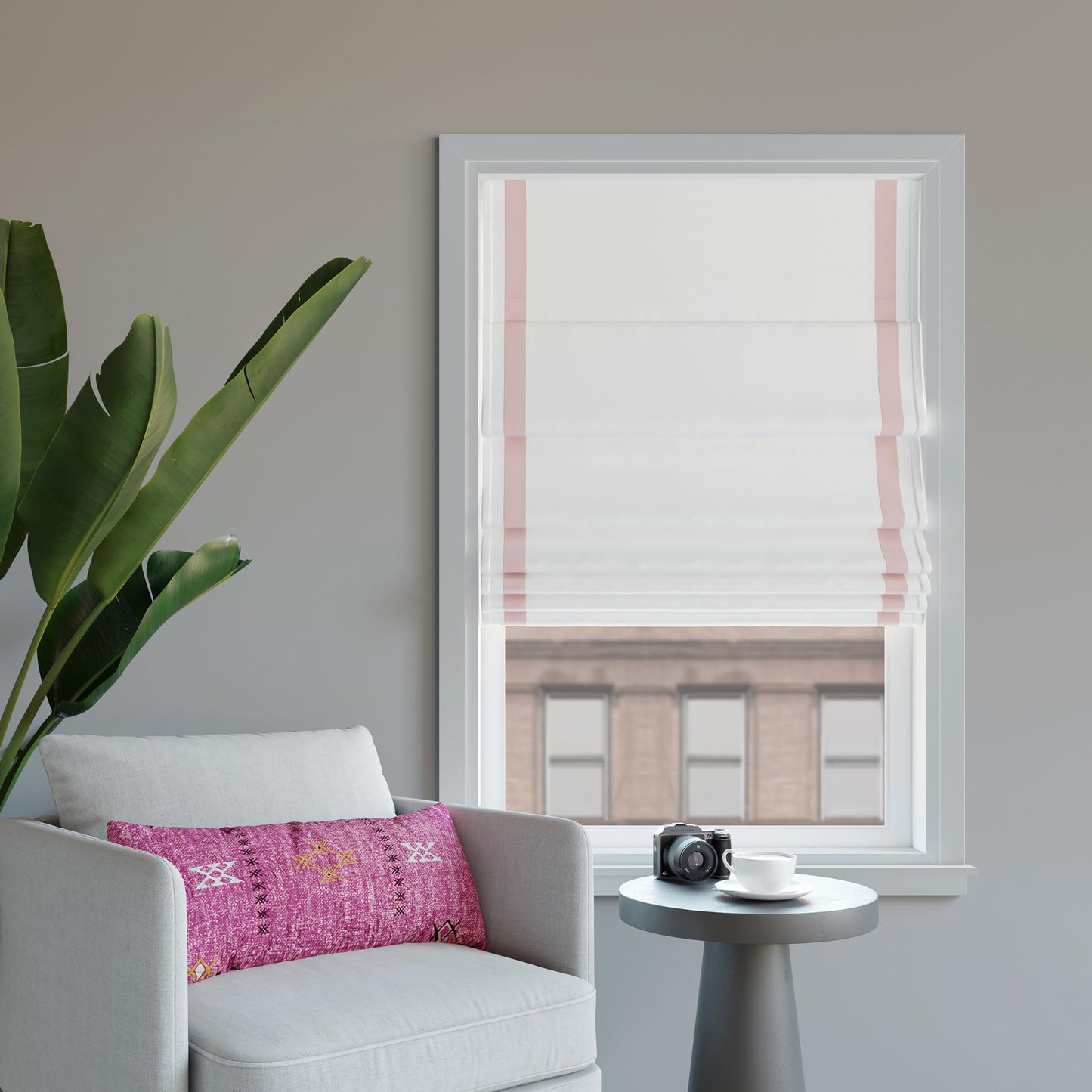 Sun Zero Marline Pink Ribbon Border 100% Total Blackout Cordless Roman Shade, Pink/White, 35" W x 64" H